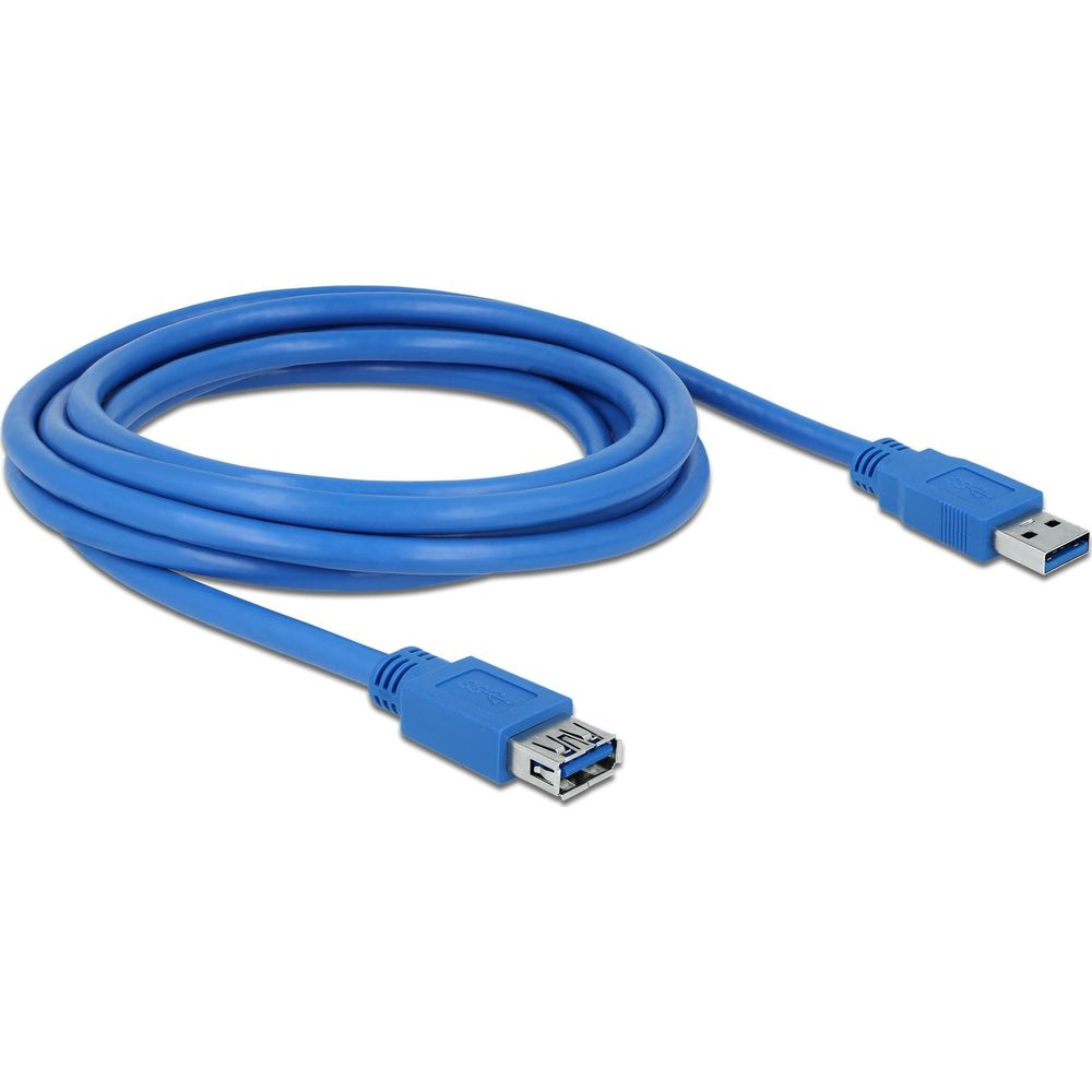 Een blauwe USB 3.0 kabel met een mannelijke en vrouwelijke connector.