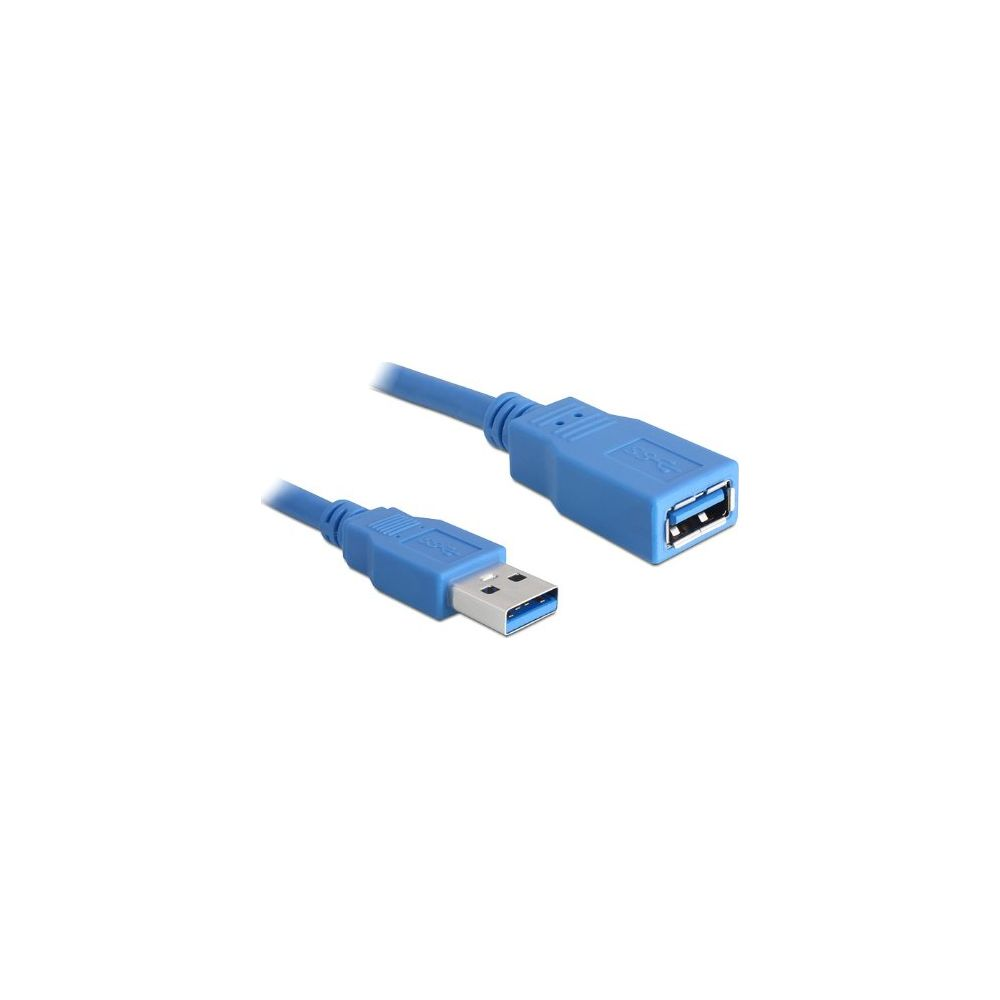 Blauwe USB-kabel met mannelijke en vrouwelijke connectoren.
