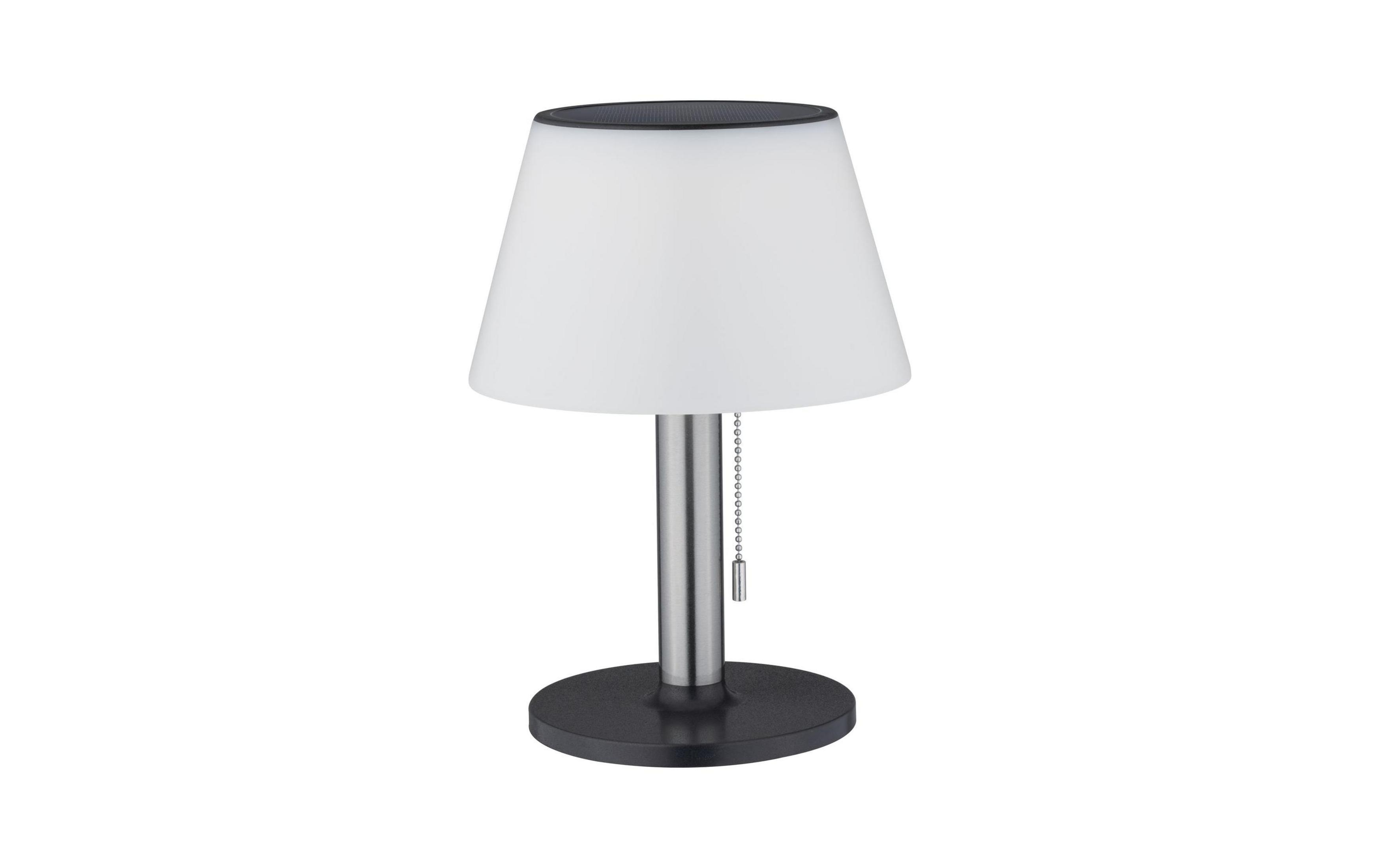 Biała lampa stołowa z czarną podstawą i metalowym słupkiem ma sznurkowy włącznik.