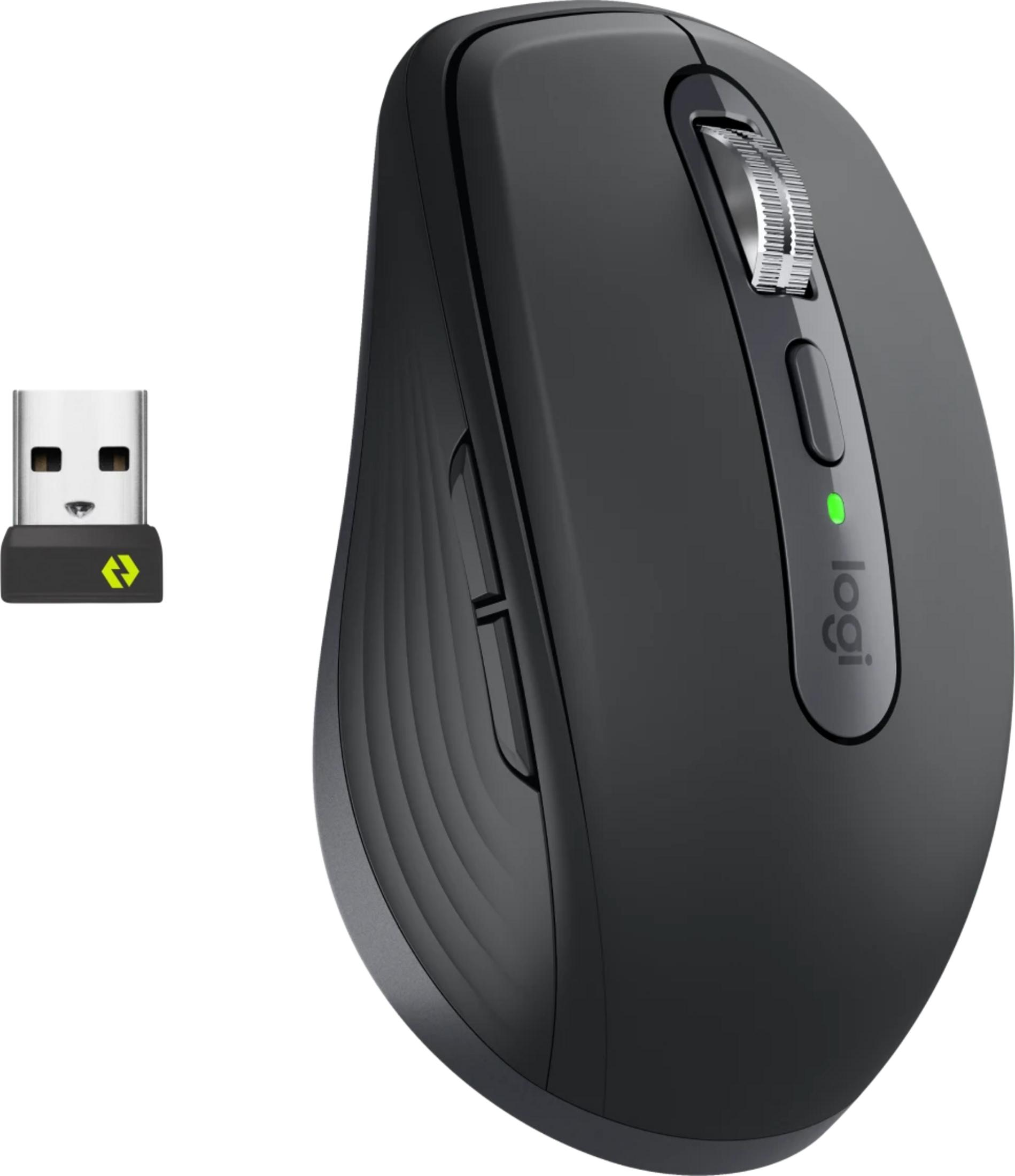 Czarna mysz Logitech z odbiornikiem USB i zieloną diodą LED.