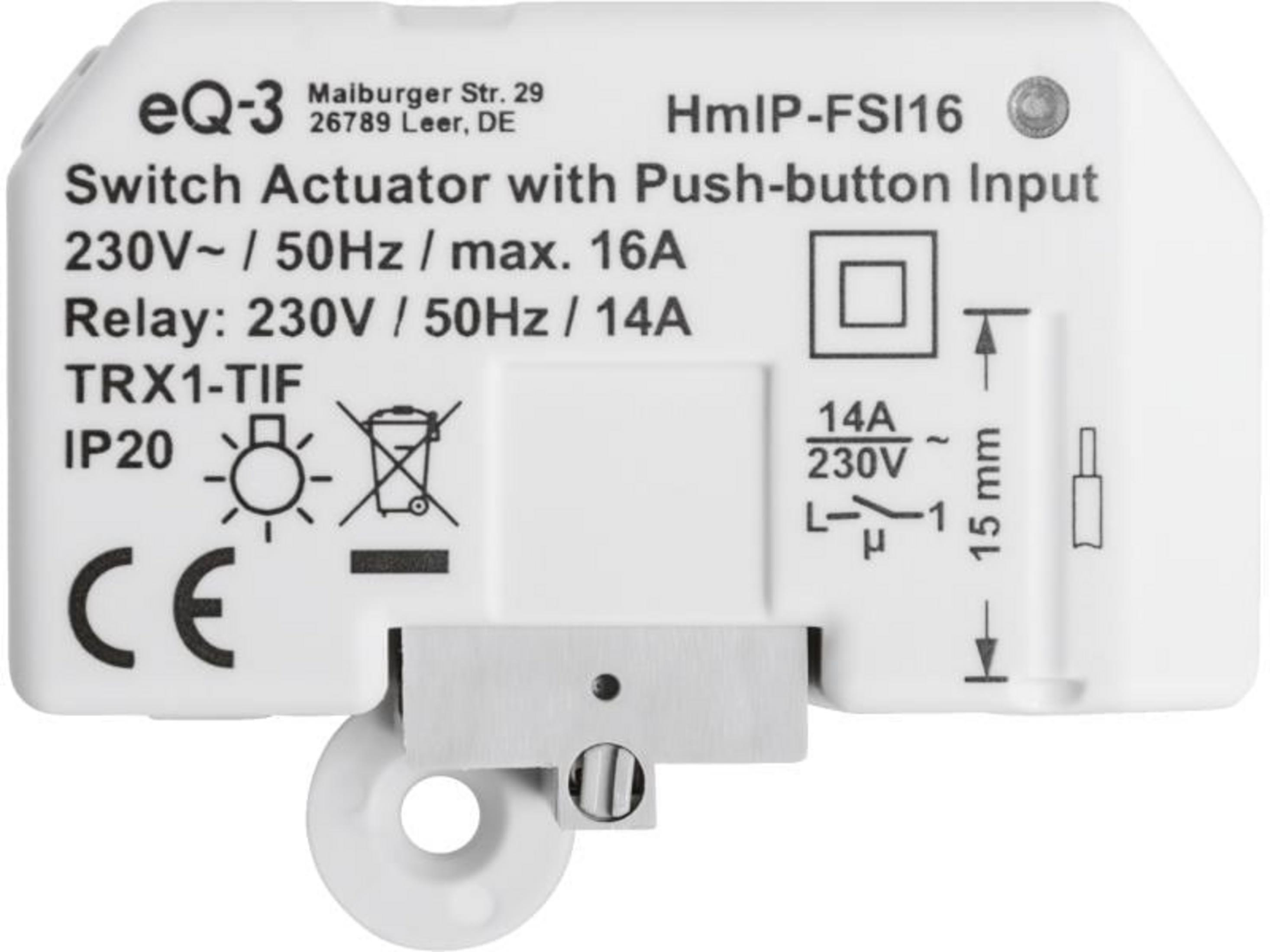 Schaltaktor HmIP-FSI16 von eQ-3 mit Netzteil, 230V/50Hz/16A.