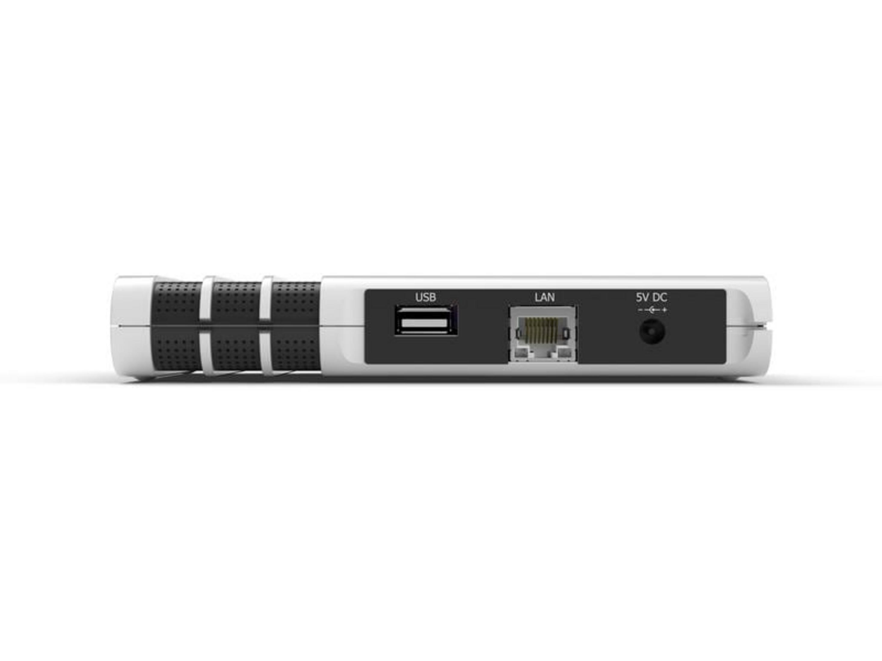 Ein weißes und schwarzes Gerät mit USB-, LAN- und 5V DC-Anschlüssen.