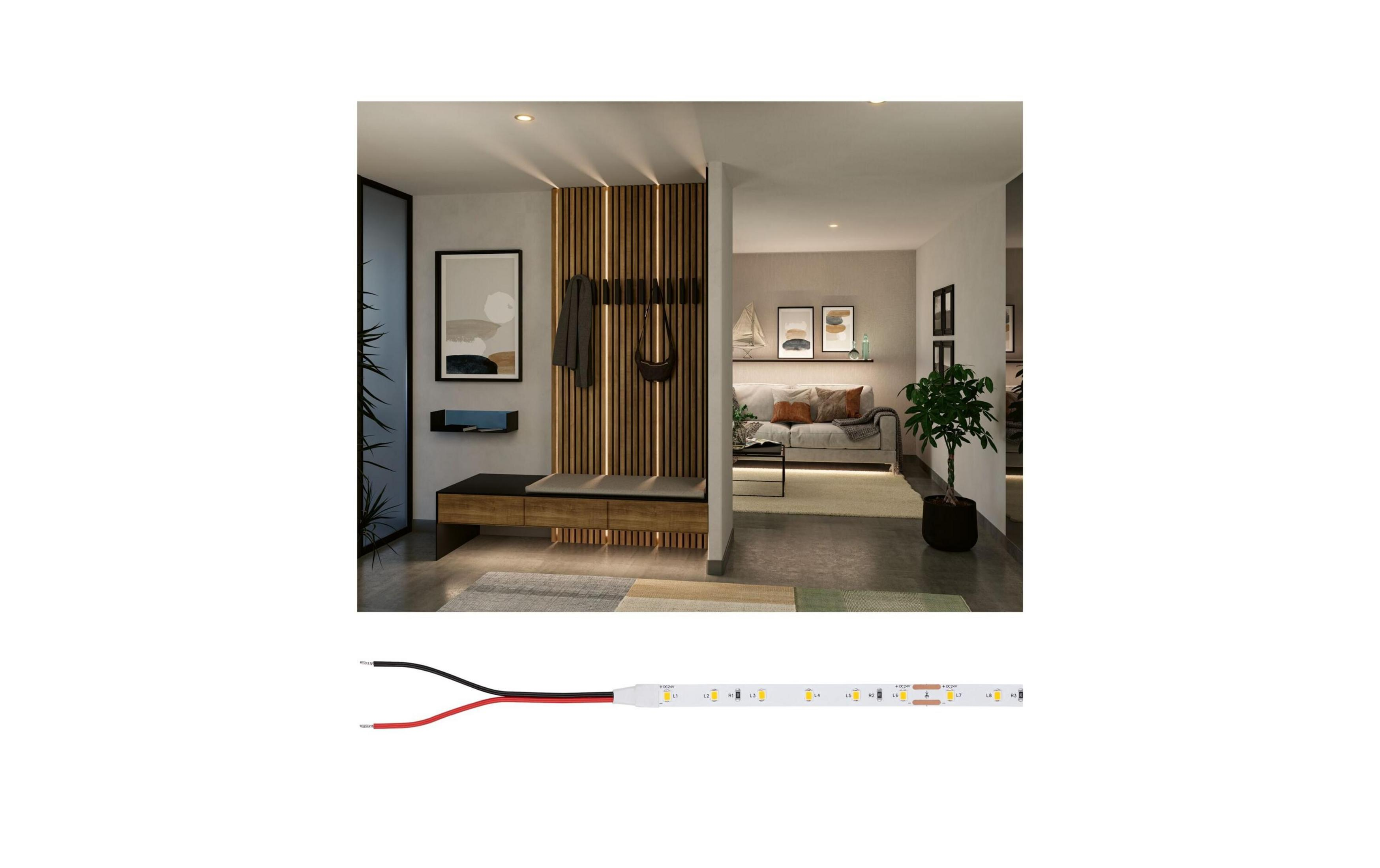 Przedpokój z ławką, wieszakiem i sztuką. Na dole: taśma LED.