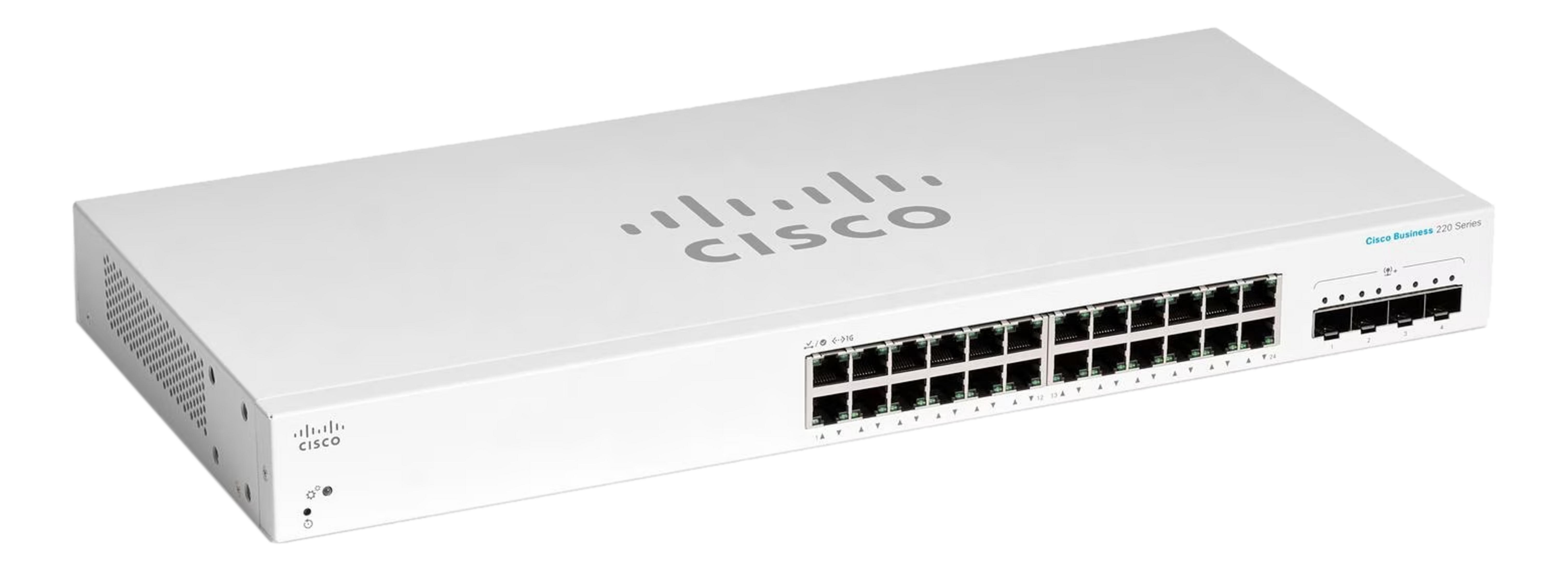 Biały przełącznik sieciowy Cisco Business 220 Series z 24 portami.