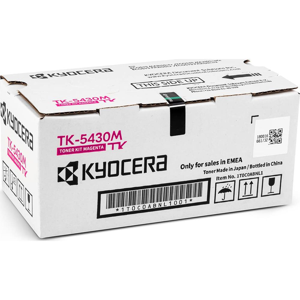 Scatola kit toner Kyocera TK-5430M Magenta. Dettagli: Toner Made in Japan/Bottled in China.