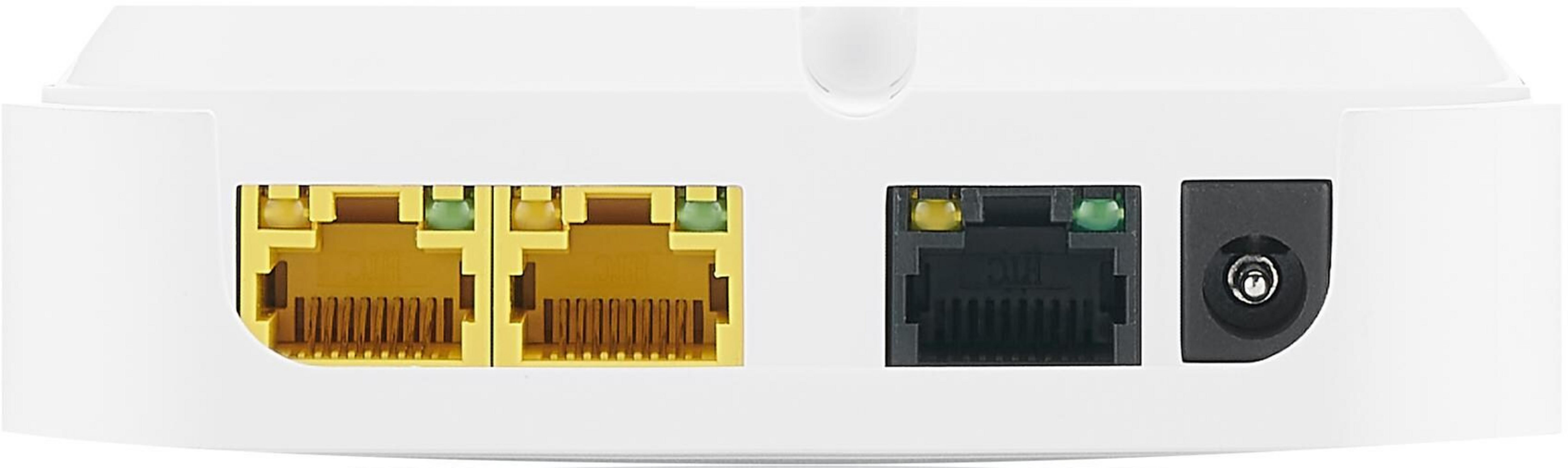 Białe urządzenie z trzema portami: dwoma żółtymi i jednym czarnym Ethernet oraz okrągłym złączem zasilania.