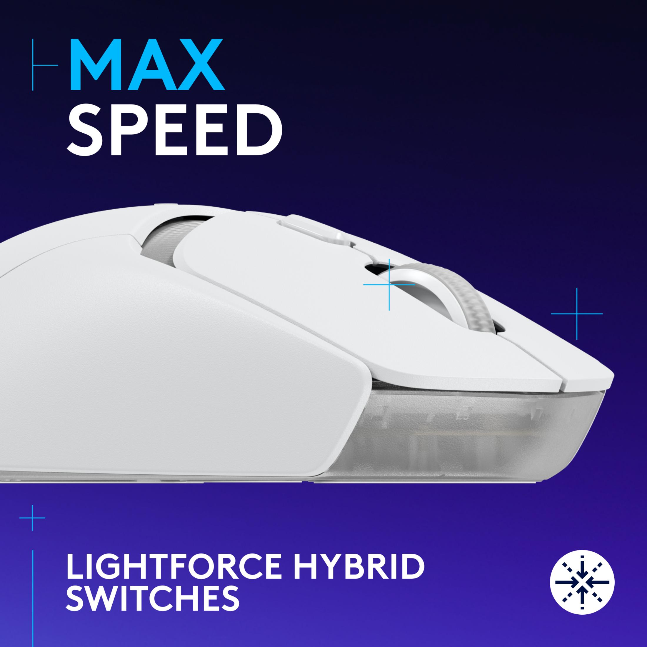 Witte gamingmuis met tekst "Max Speed" en "Lightforce Hybrid Switches".