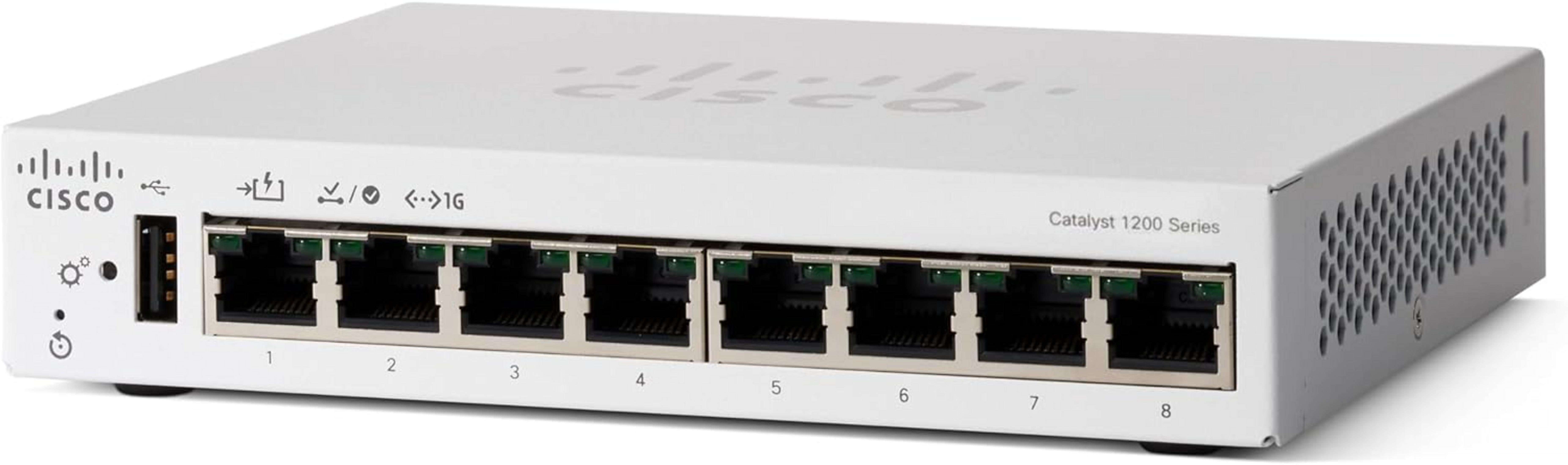Un switch Cisco Catalyst 1200 Series blanco con ocho puertos Ethernet.
