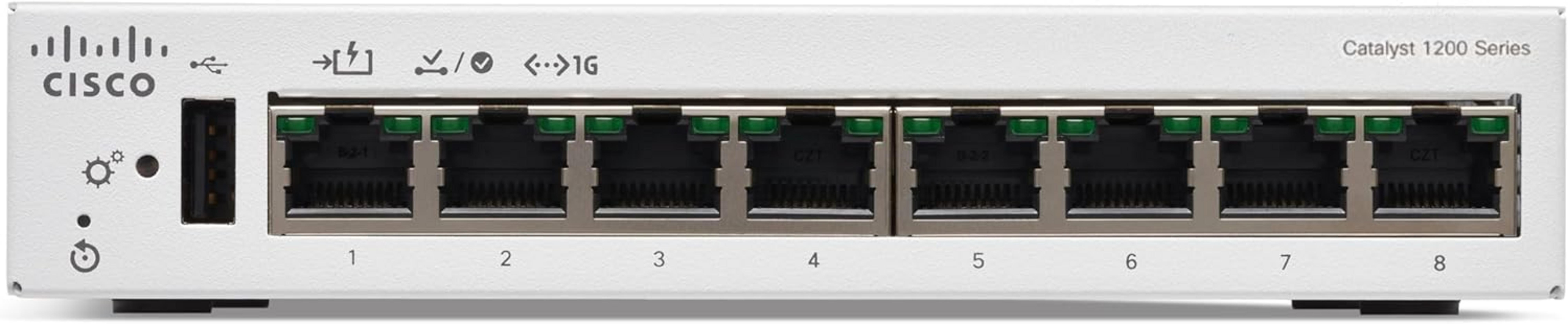 Un switch Cisco Catalyst 1200 Series blanco con 8 puertos.