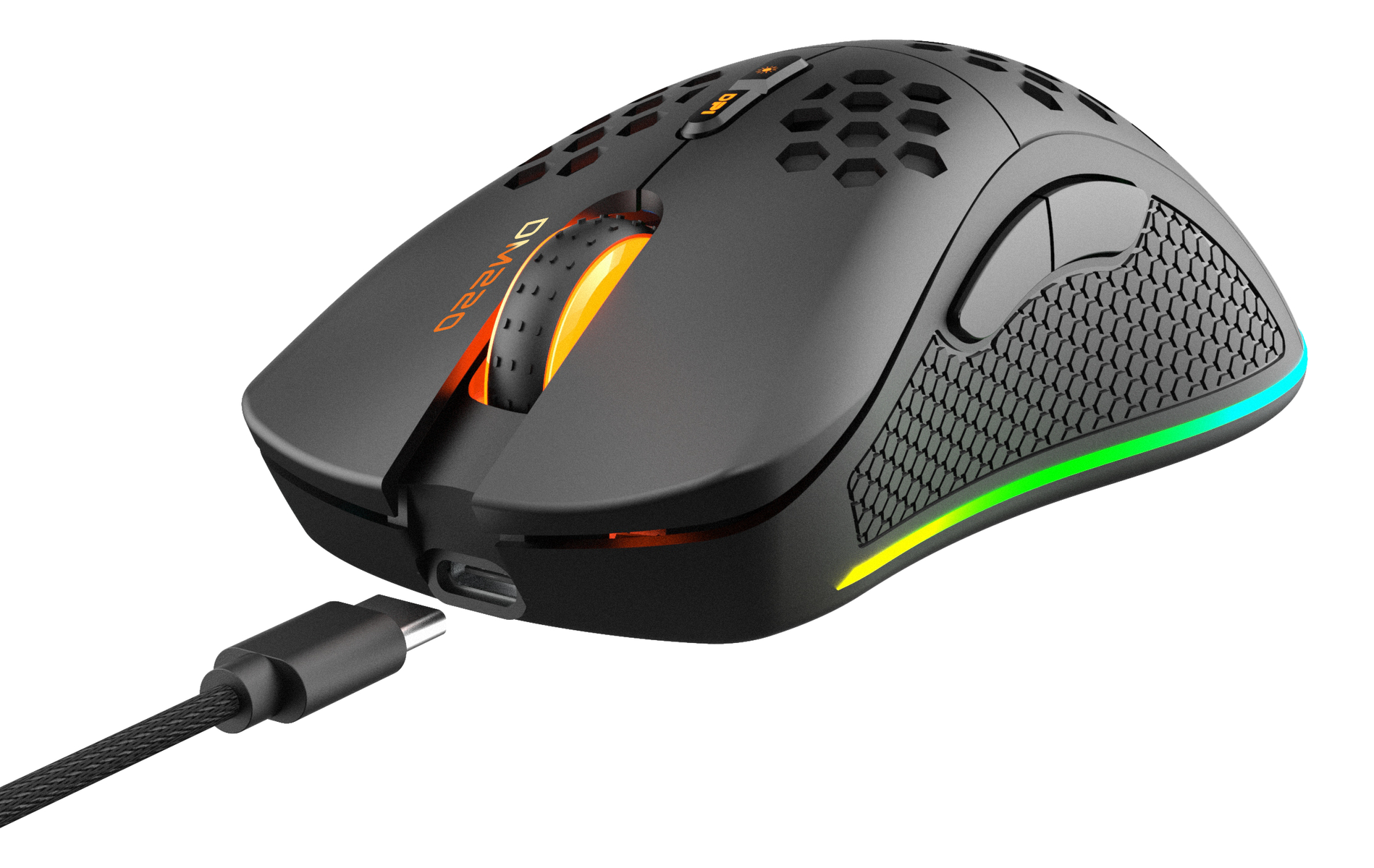 Eine schwarze Gaming-Maus mit RGB-Beleuchtung und USB-C-Kabel ist angeschlossen.
