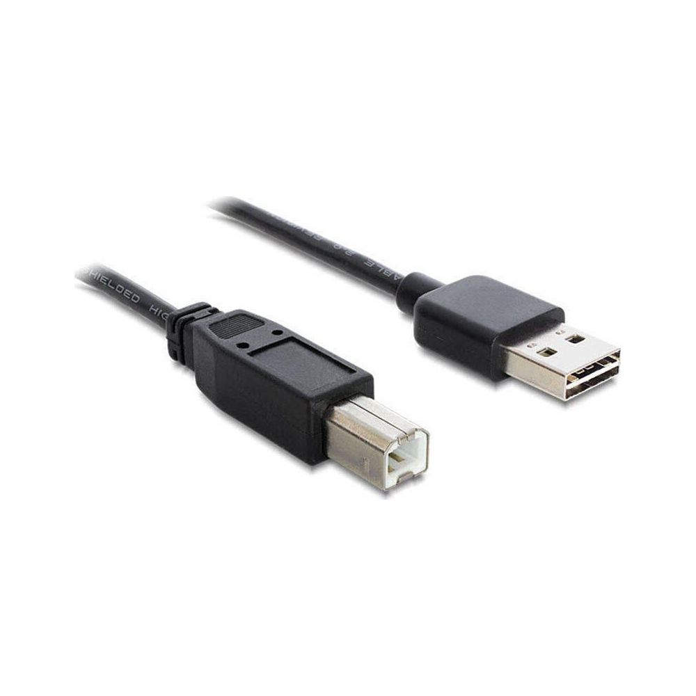 Un câble USB noir avec connecteurs type A et B sur fond blanc.