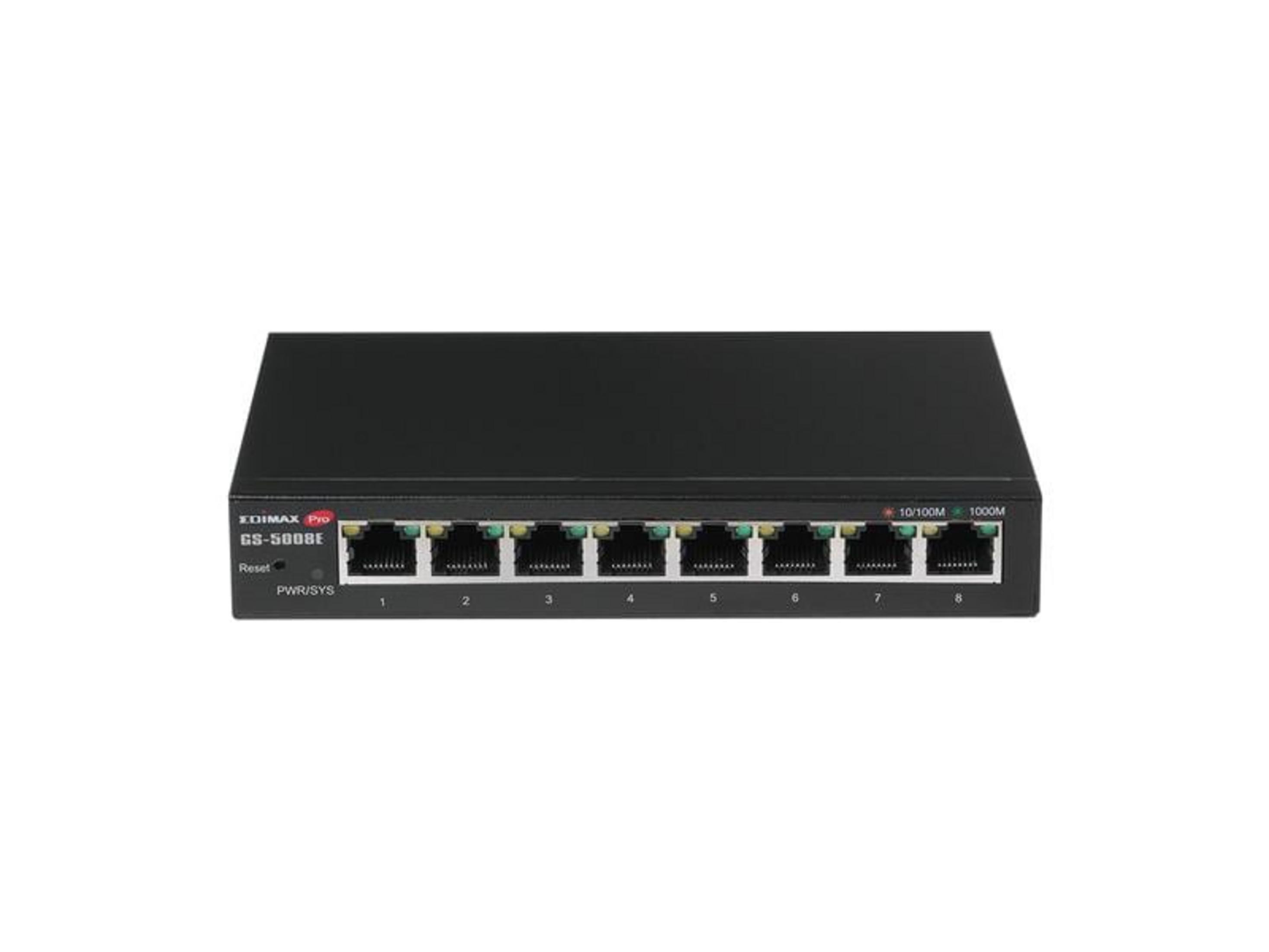 Czarny 8-portowy przełącznik Gigabit Edimax Pro GS-5008E z portami.