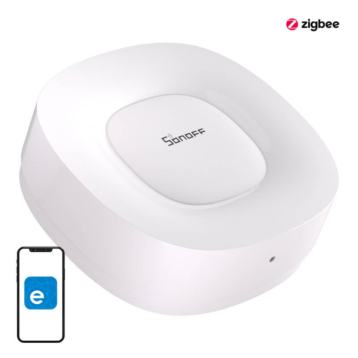 Un hub Zigbee blanco de Sonoff junto a un smartphone con una app.