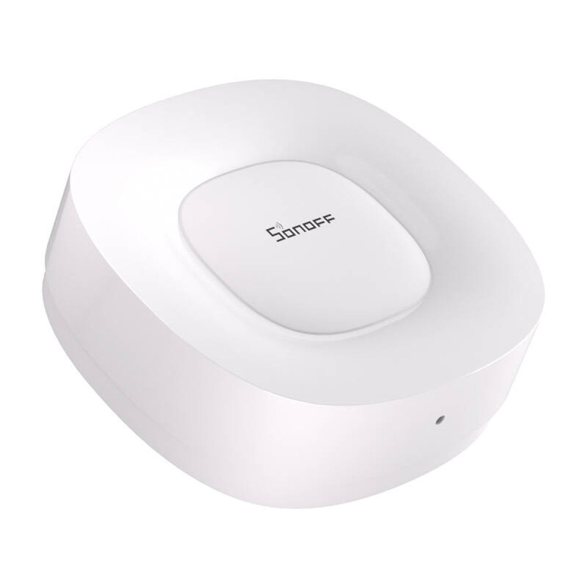 Un gateway Sonoff blanco con un pequeño agujero y logo.