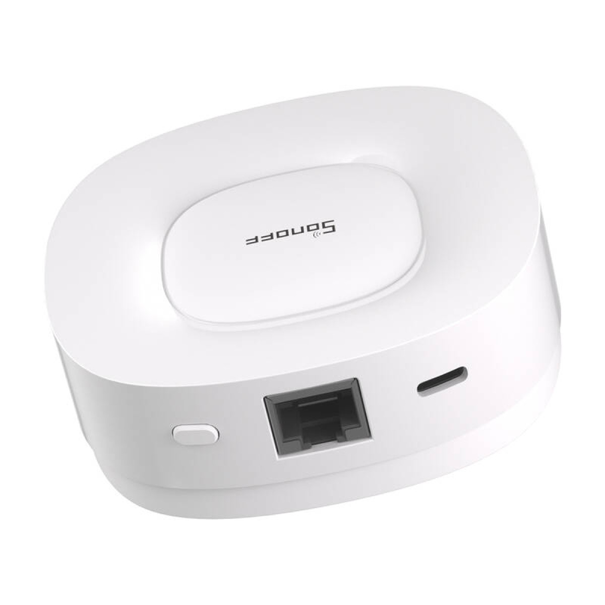 Un dispositivo blanco y ovalado para el hogar inteligente con logo Sonoff y puerto Ethernet.