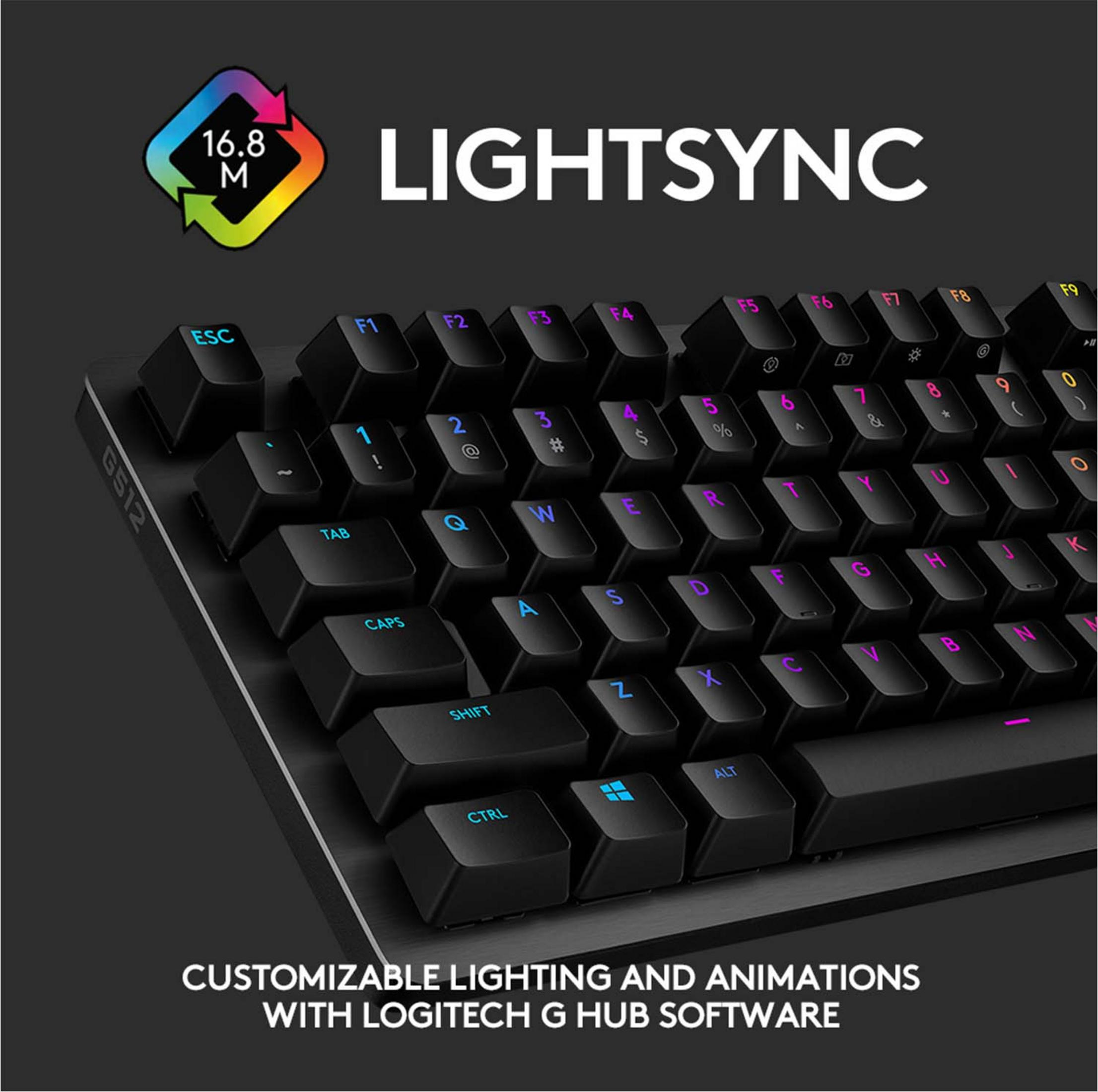 Teclado negro con teclas retroiluminadas RGB y logo "Lightsync".