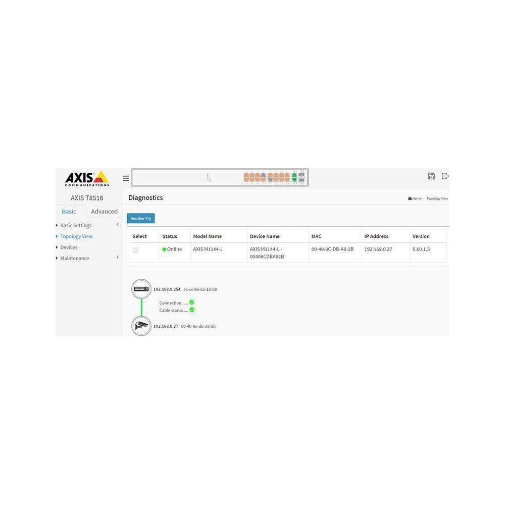 Interfejs diagnostyczny AXIS T8516 z listą urządzeń i adresami IP.