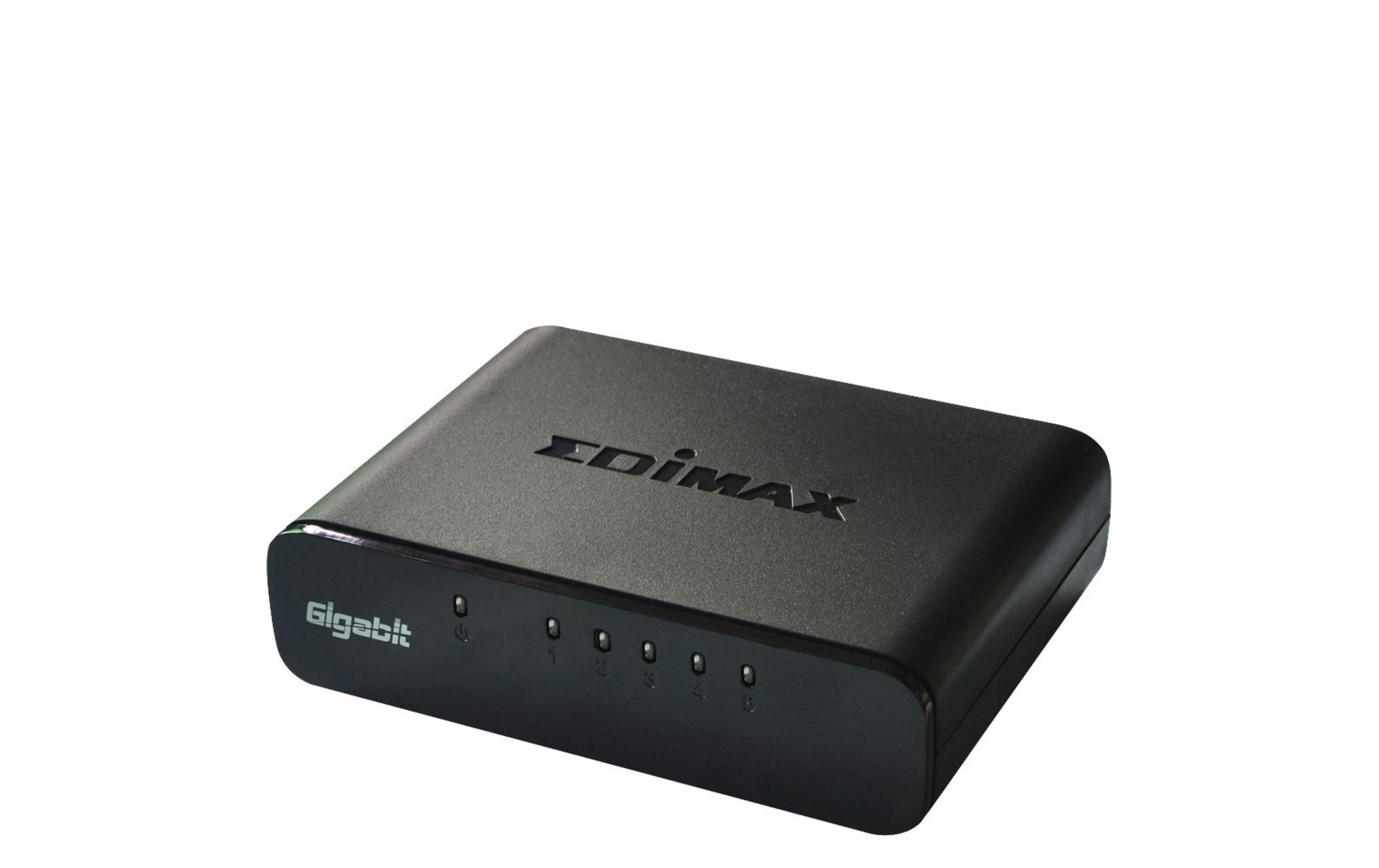 Uno switch di rete Gigabit Edimax nero con spie luminose.