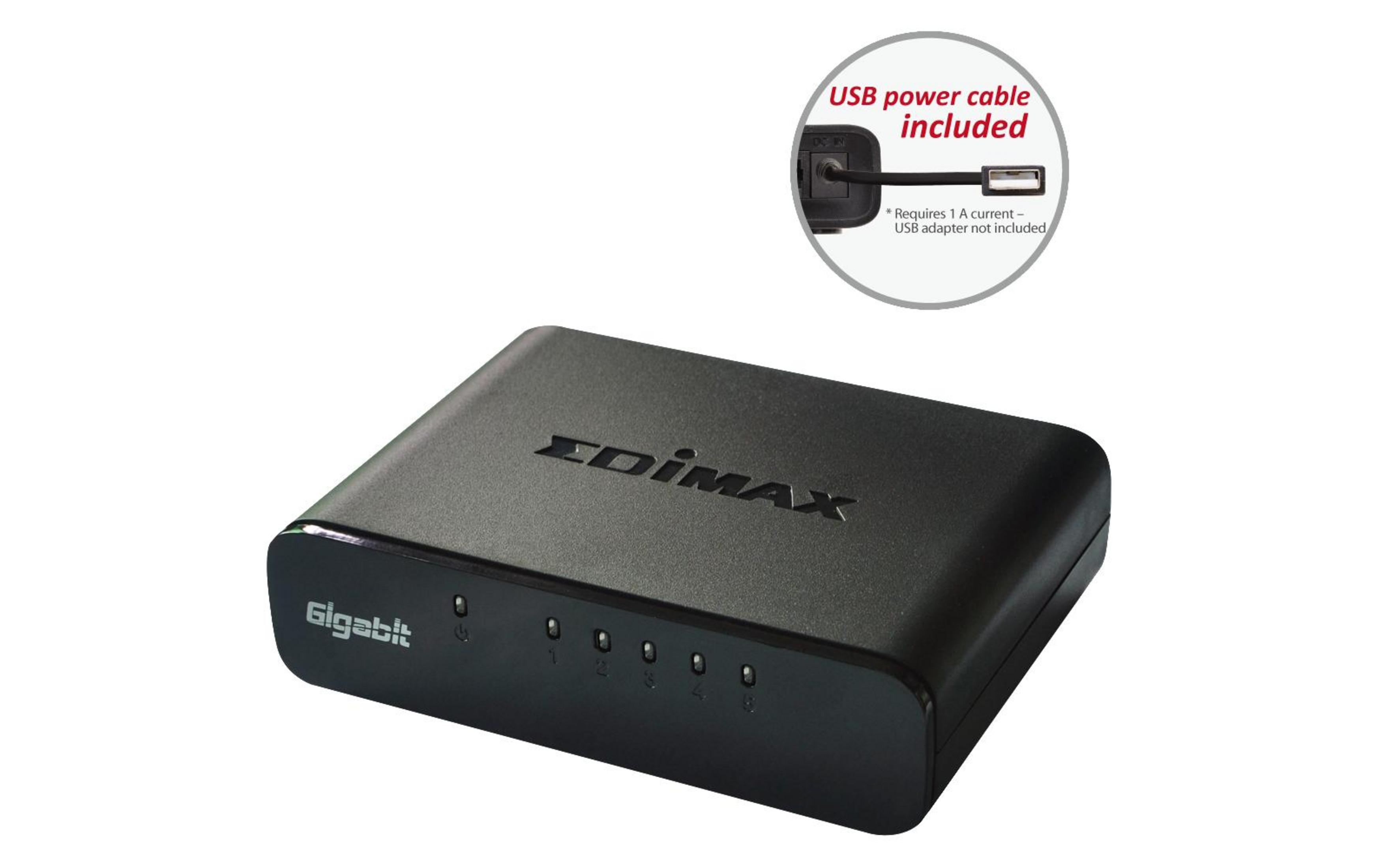 Switch Gigabit Edimax nero 5 porte con cavo di alimentazione USB incluso.