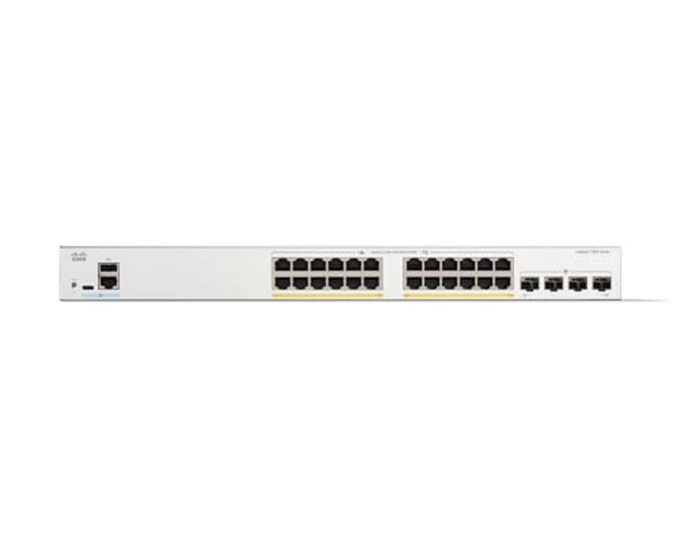 Biały przełącznik sieciowy Cisco z wieloma portami Ethernet i światłami.
