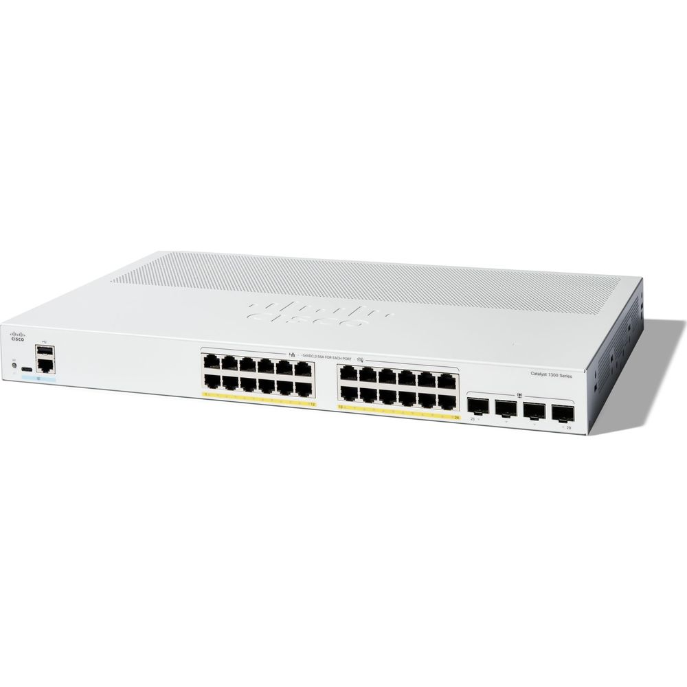 Biały przełącznik Cisco Catalyst 1300 z 24 portami i logo Cisco.