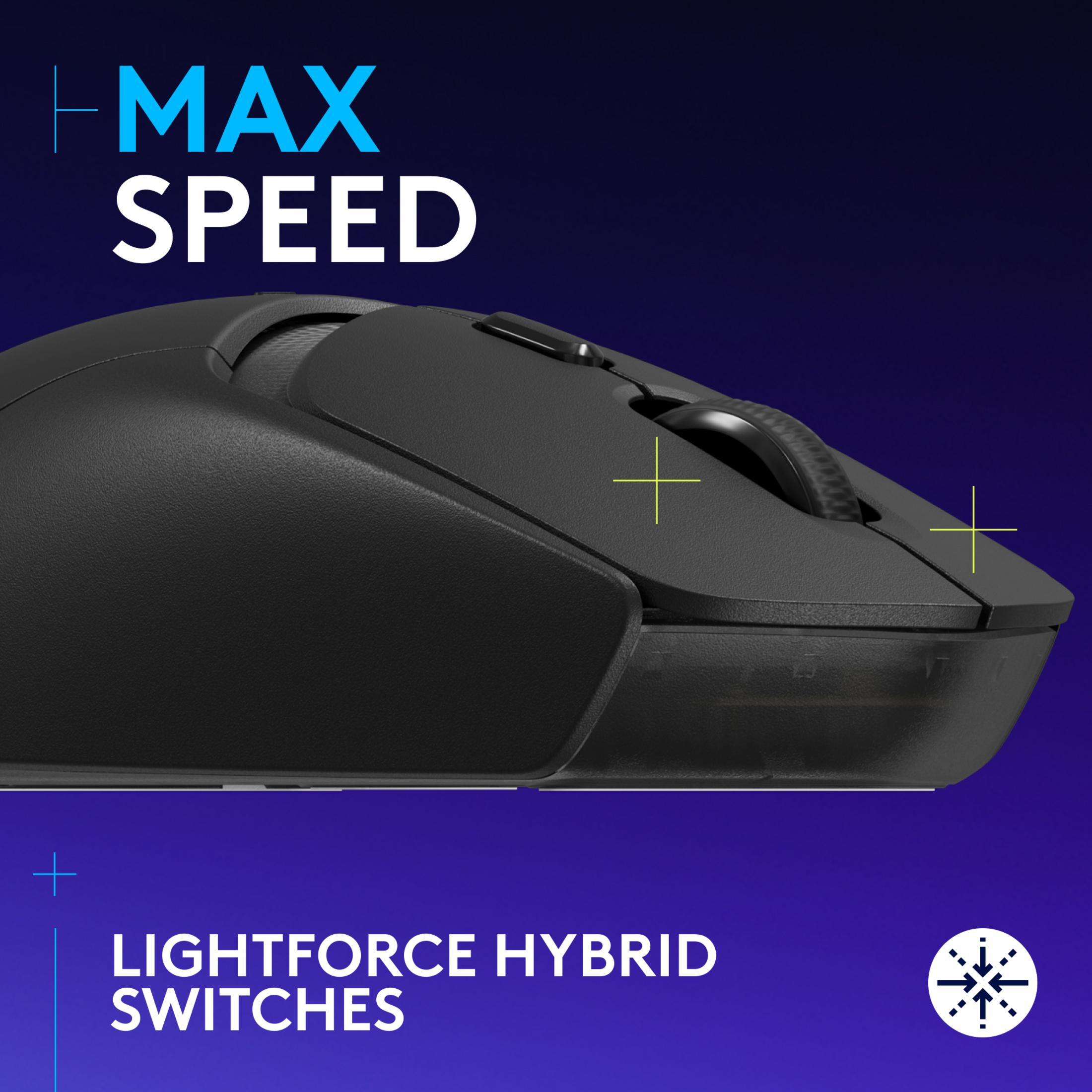 Zwarte computermuis met scrollwiel. Tekst: "MAX SPEED" en "LIGHTFORCE HYBRID SWITCHES".