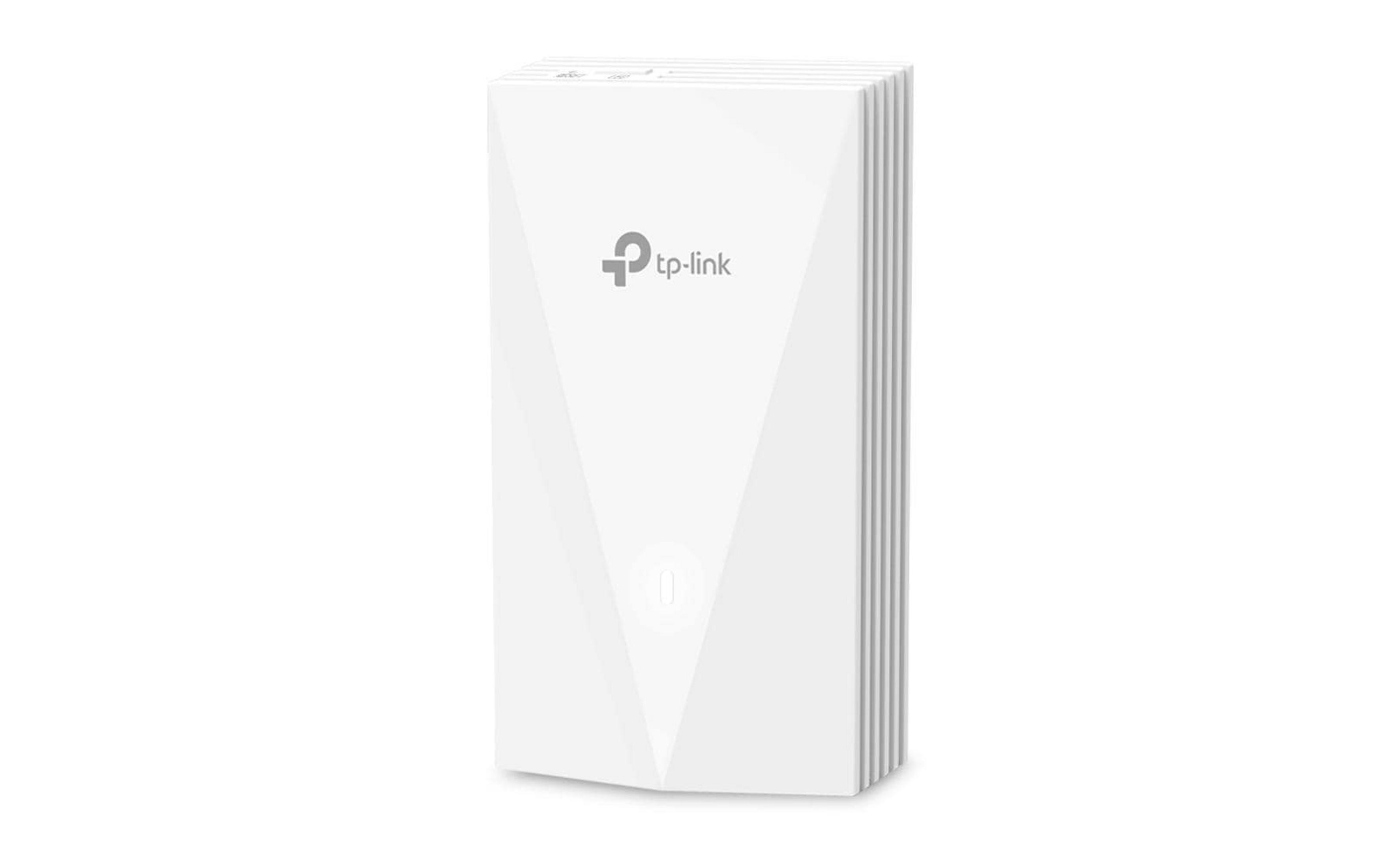 Białe urządzenie Wi-Fi TP-Link z pionowymi rowkami po prawej stronie.