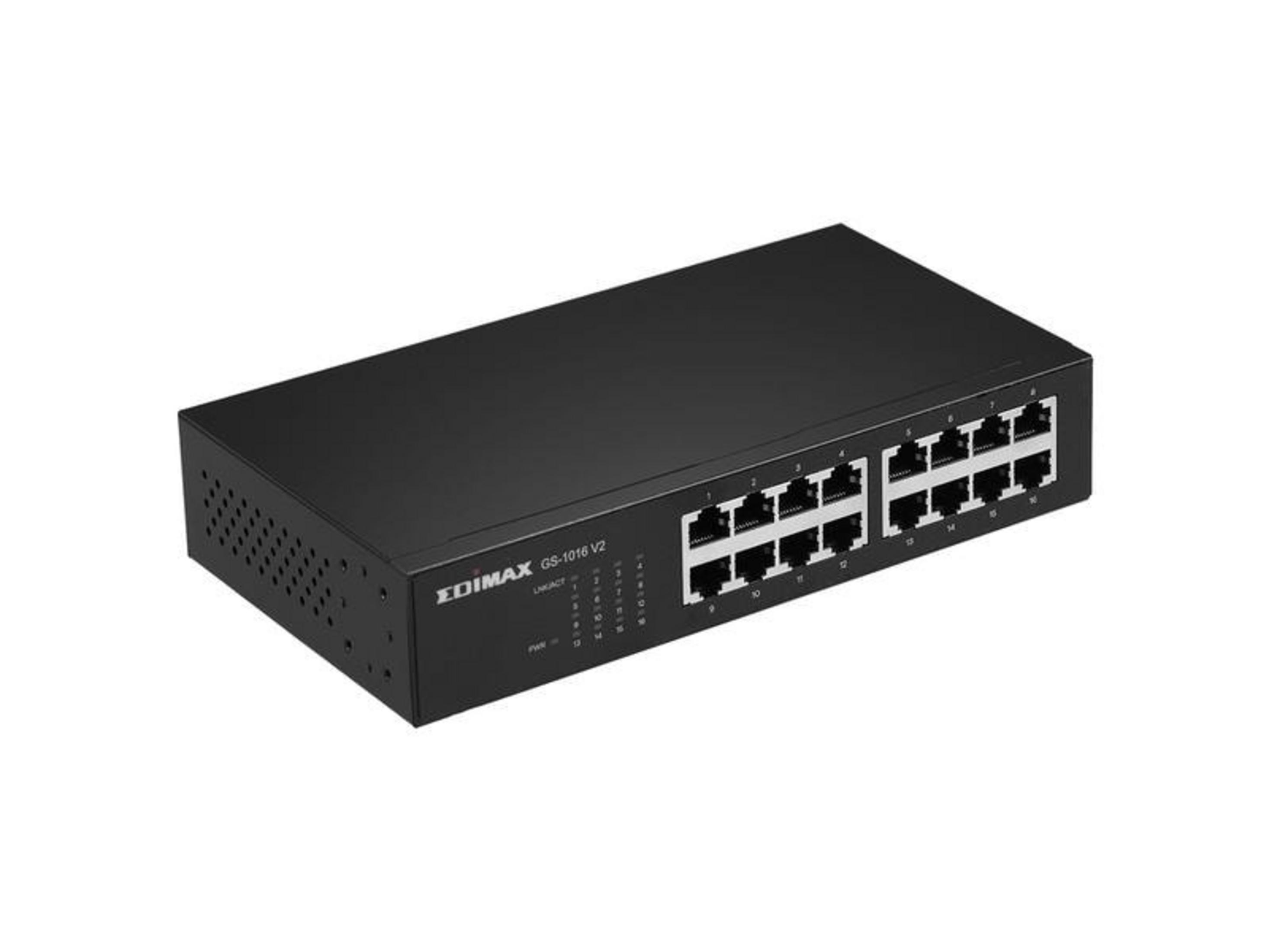 Czarny 16-portowy przełącznik sieciowy Gigabit z portami Ethernet i diodami statusu.