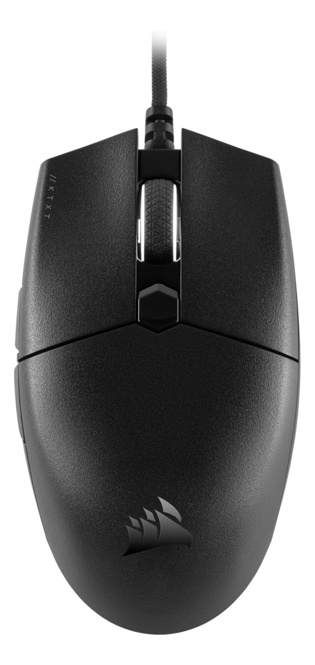 Czarna mysz gamingowa z kółkiem i logo na białym tle.