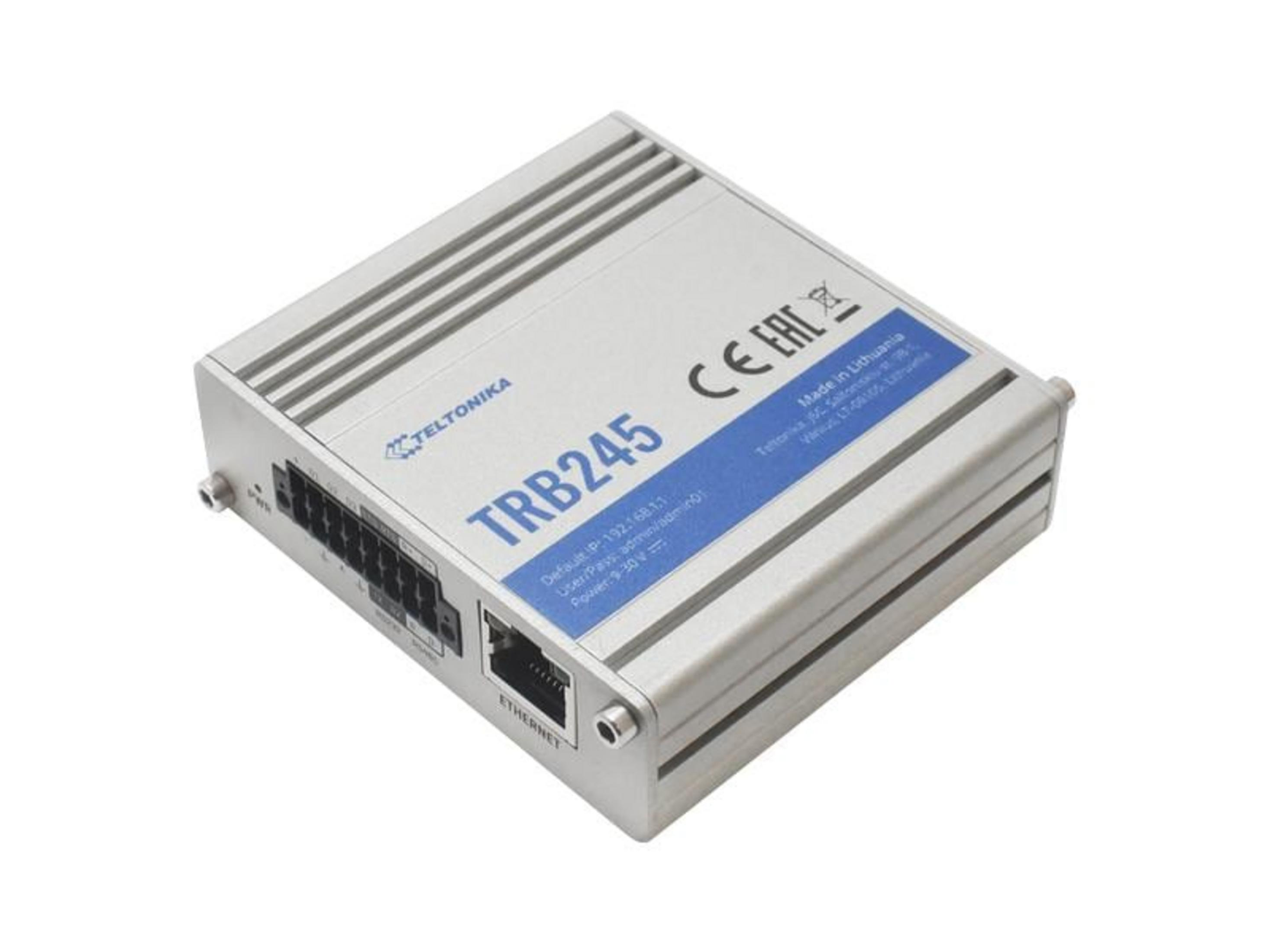 Zilveren Teltonika TRB245 router met Ethernetpoort en connectoren.