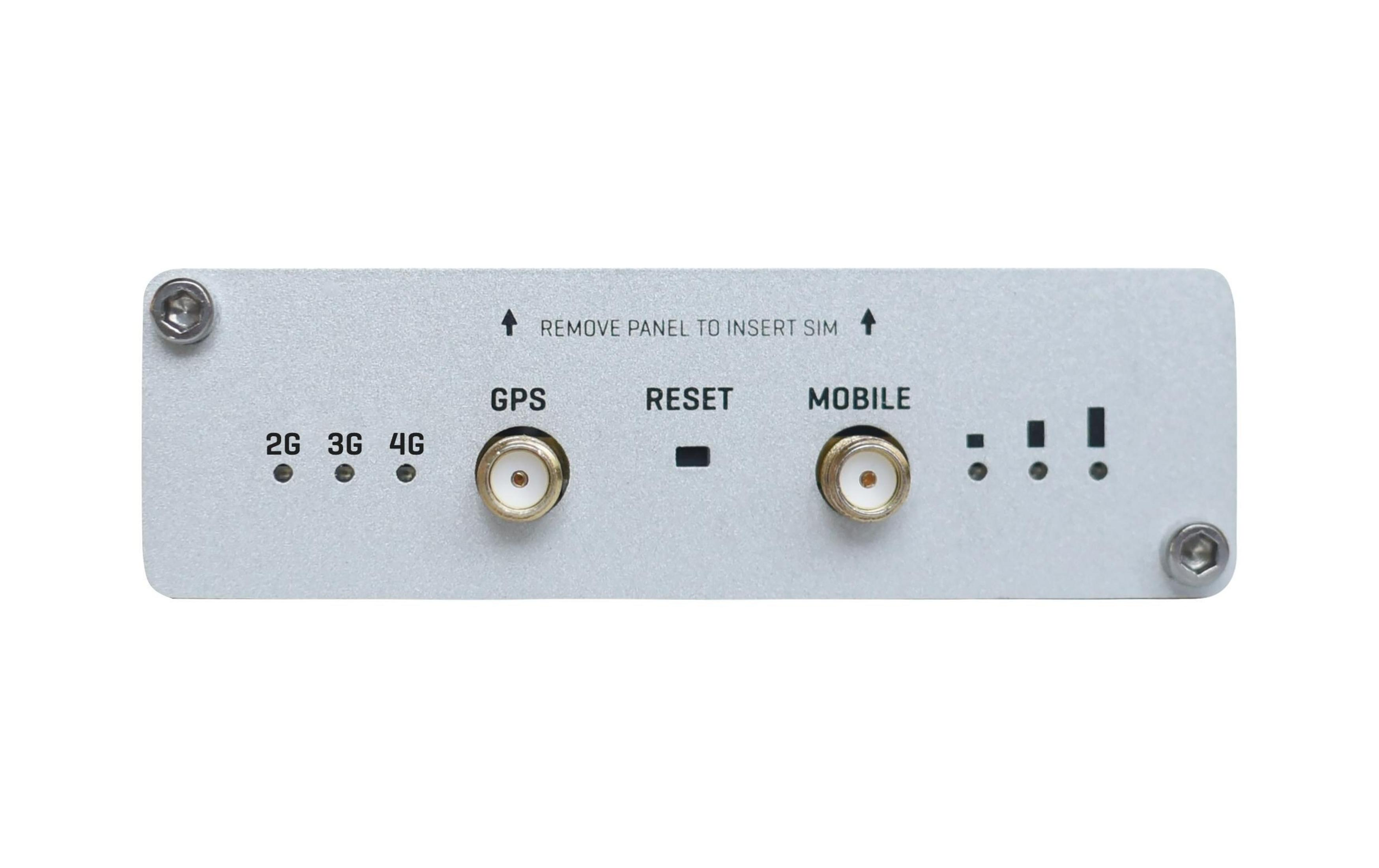 Zilveren apparaat met labels: GPS, Reset, Mobiel, 2G, 3G, 4G.