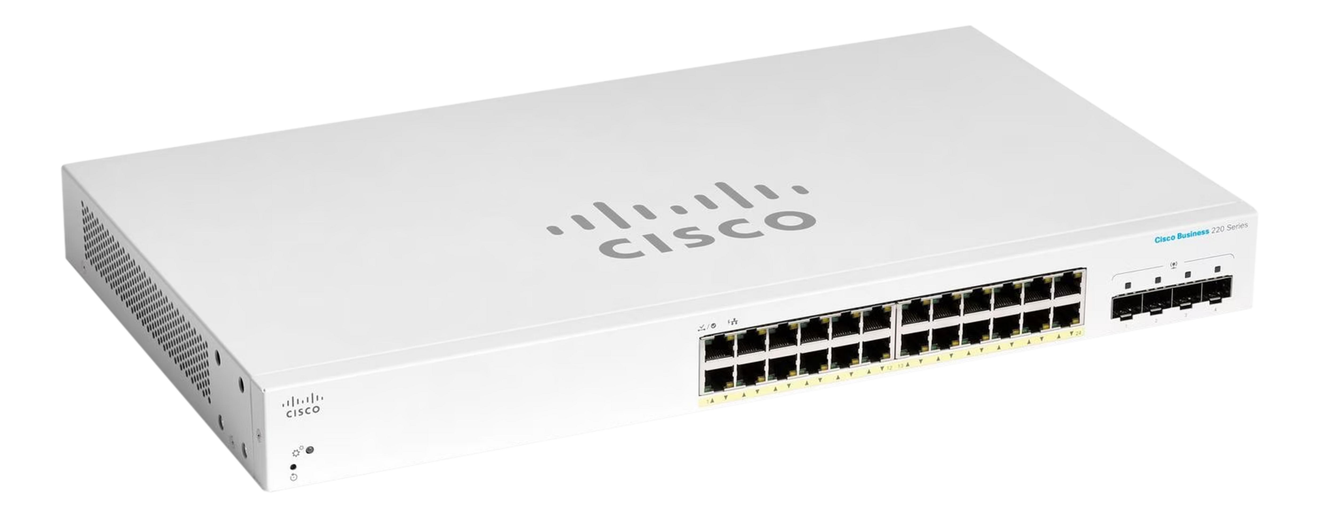 Biały przełącznik sieciowy Cisco Business 220 Series z wieloma portami Ethernet i logo Cisco.
