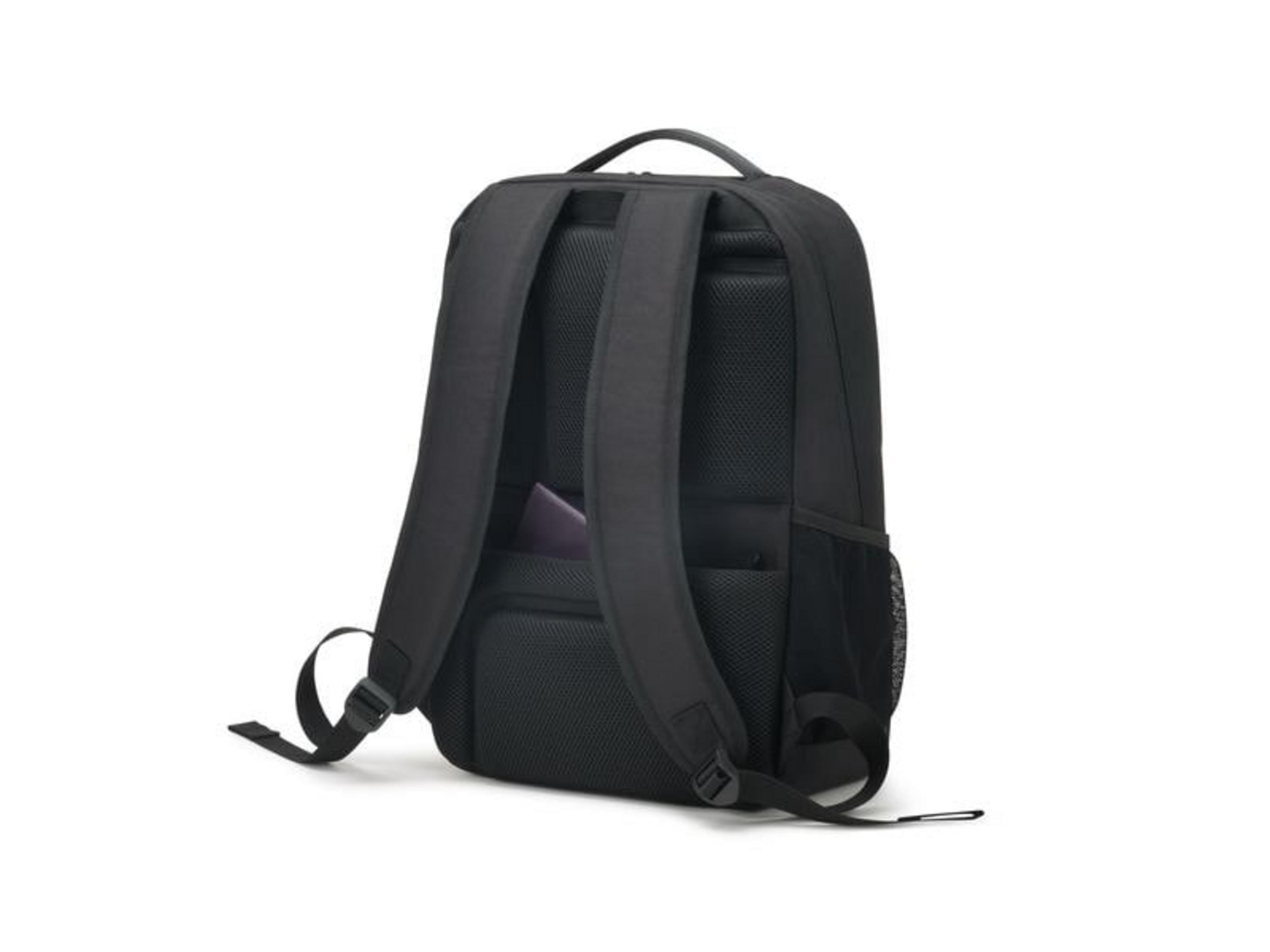 Zaino nero con spallacci imbottiti e scomparto per tablet.