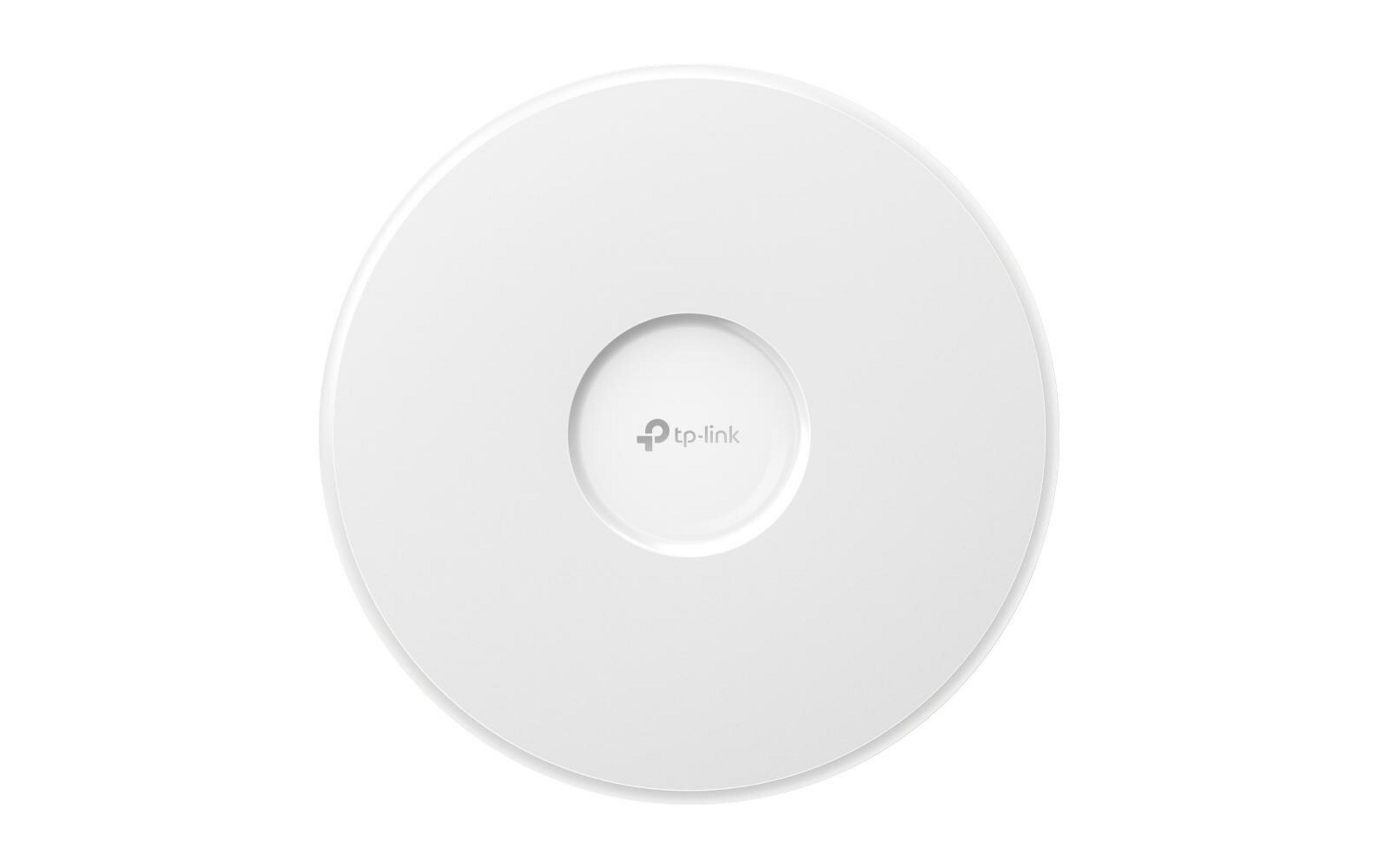 Białe, okrągłe urządzenie TP-Link z centralnym pierścieniem i logo.