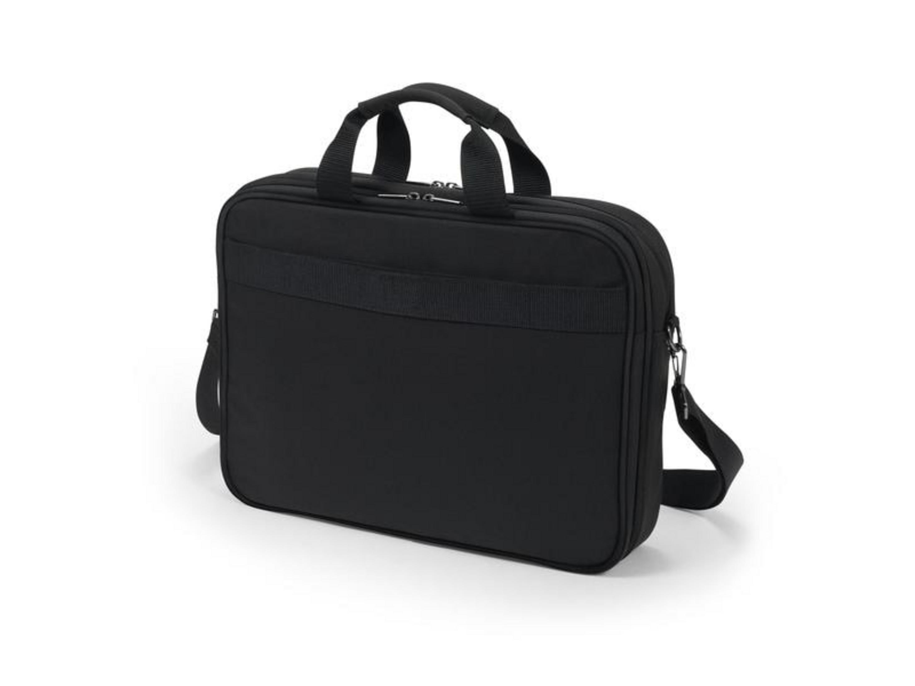 Borsa nera per laptop con manici e tracolla.