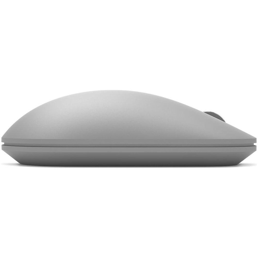 Szara mysz komputerowa z zaokrąglonym wierzchem, widok z boku.