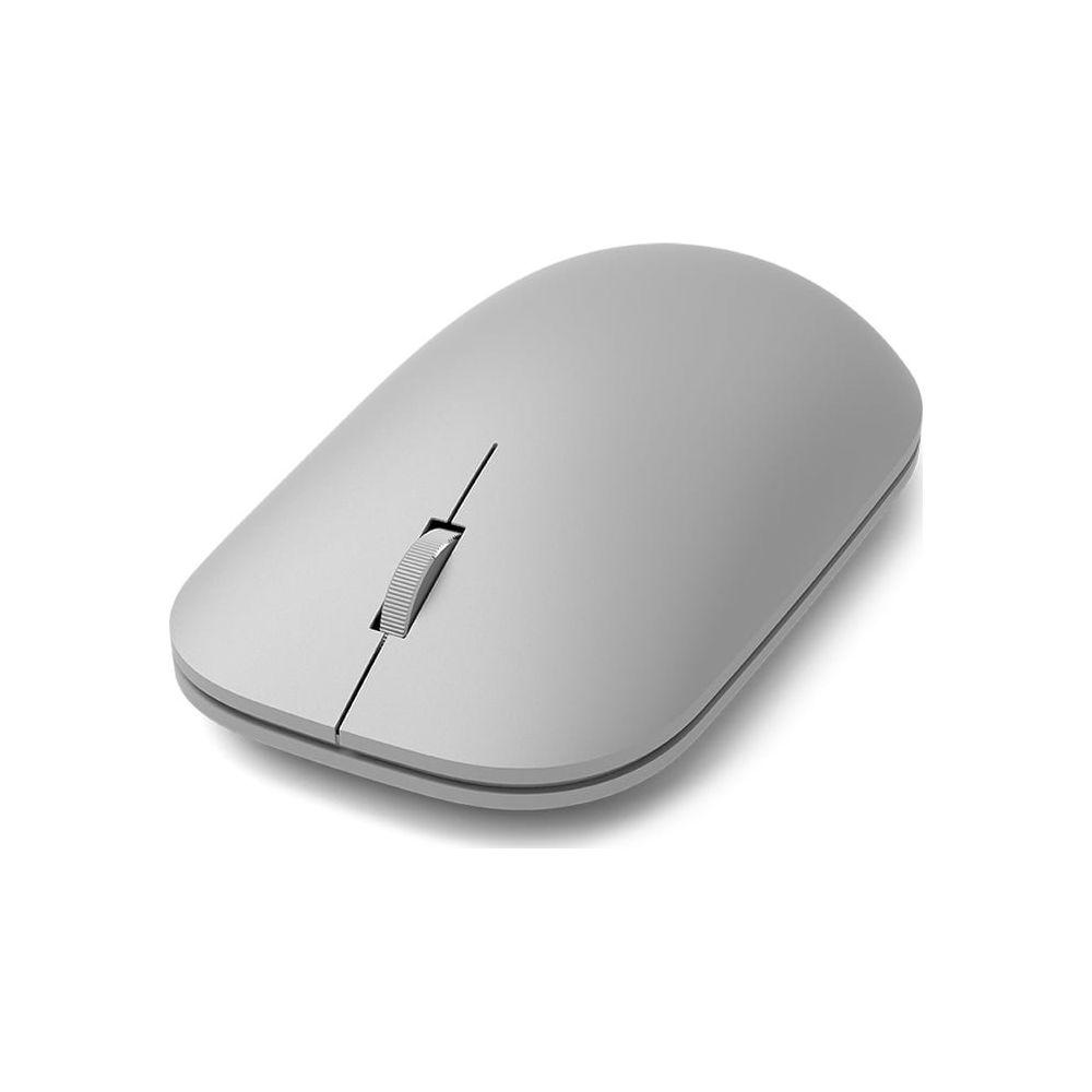 Szara mysz komputerowa z kółkiem przewijania i smukłym profilem na białym tle.