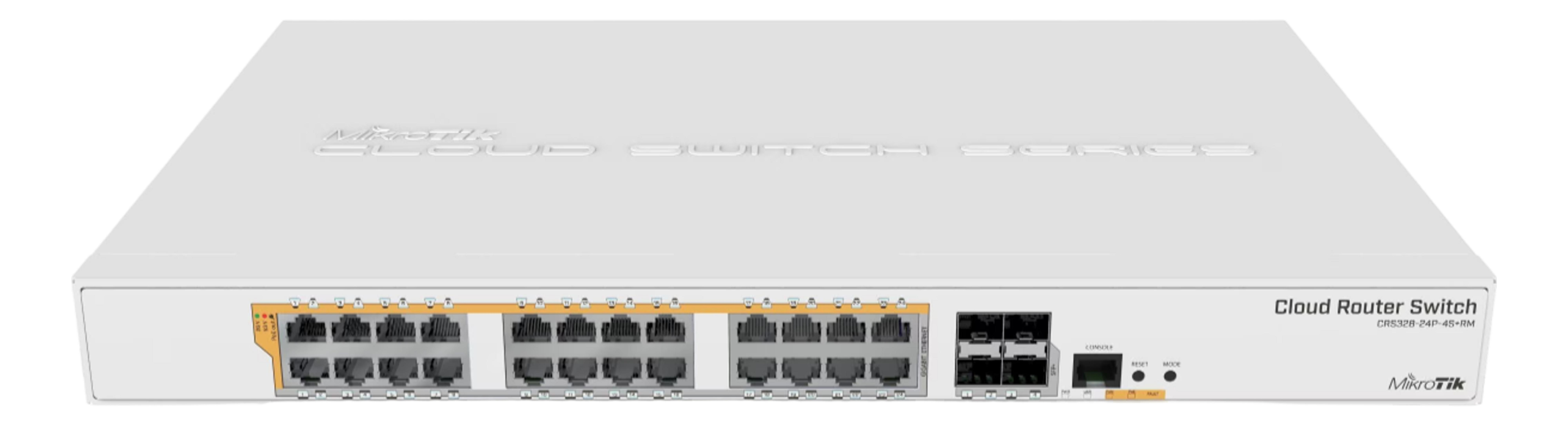 Biały switch router cloud z wieloma portami Ethernet i diodami wskaźników.