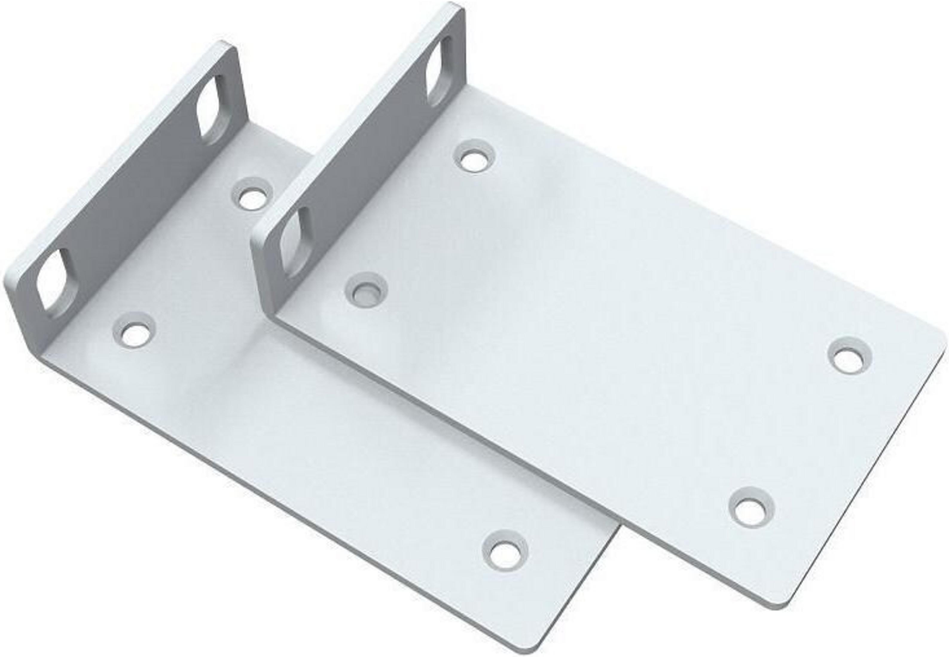 Dwa białe wsporniki metalowe z otworami montażowymi na białym tle.