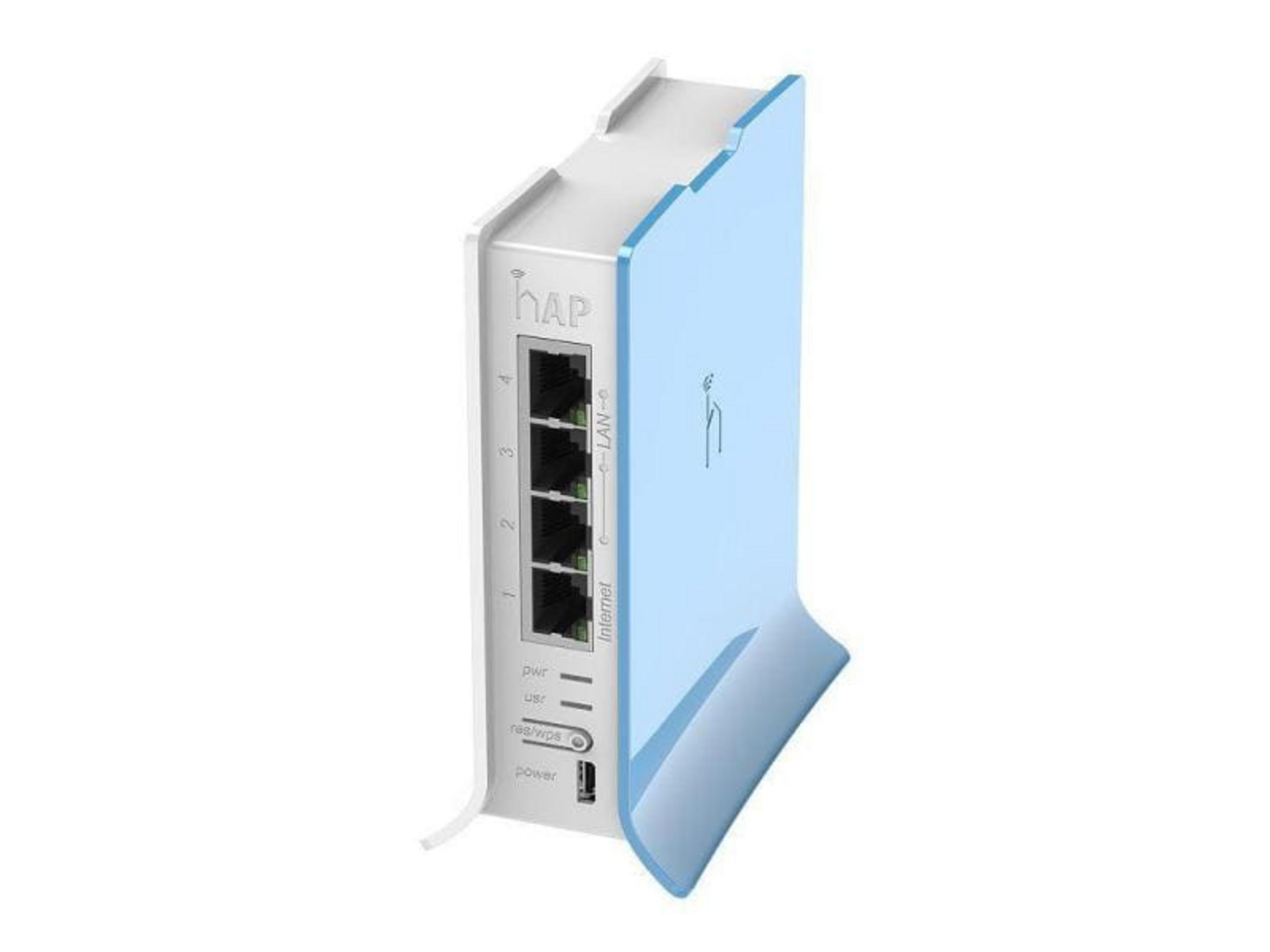 Mały biało-niebieski router Wi-Fi z portami Ethernet.