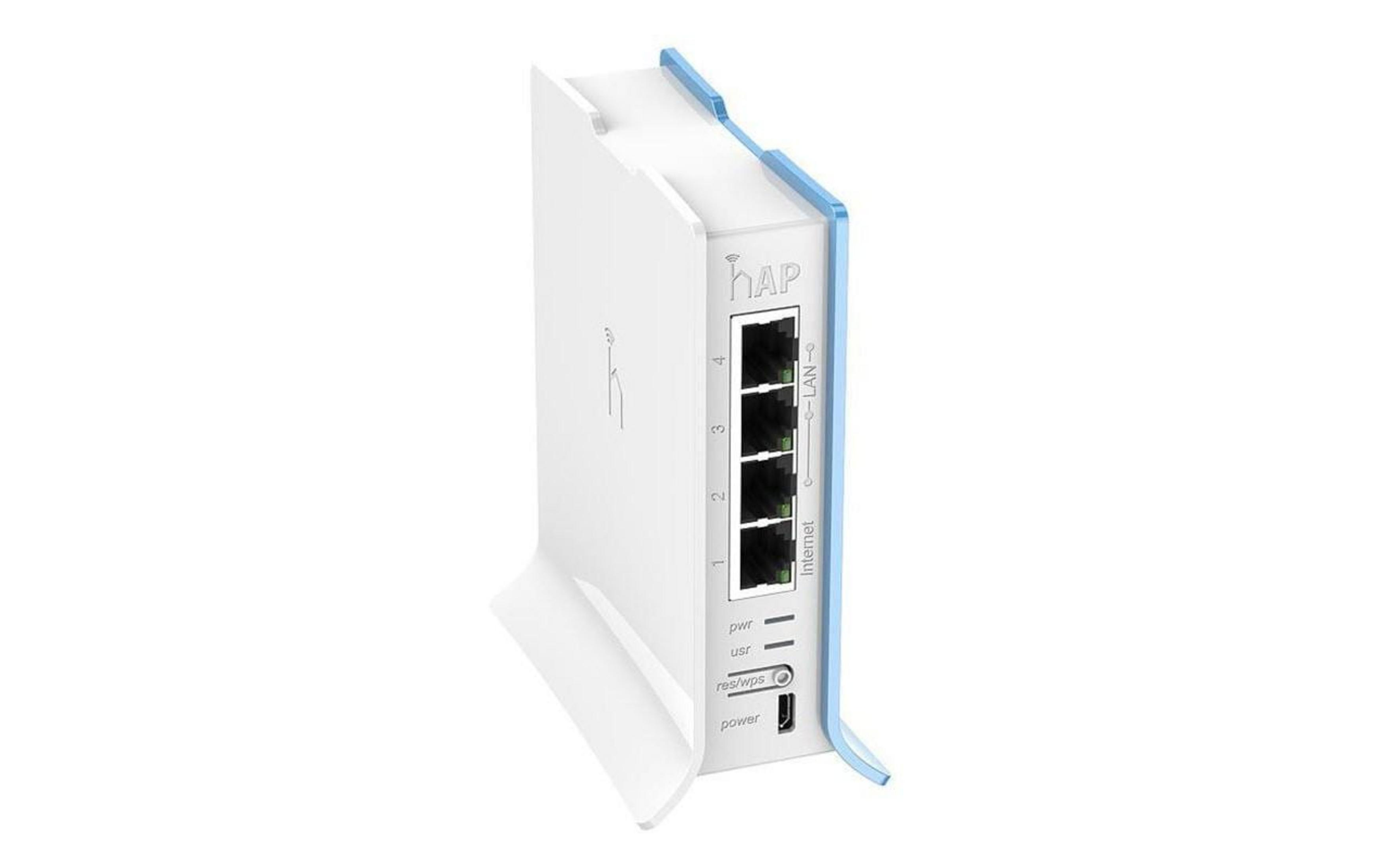 Biały router z niebieskimi akcentami i portami Ethernet.