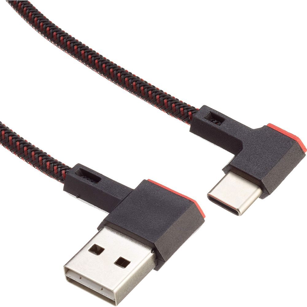 Connettori USB-A e USB-C con accenti rossi su cavo intrecciato.