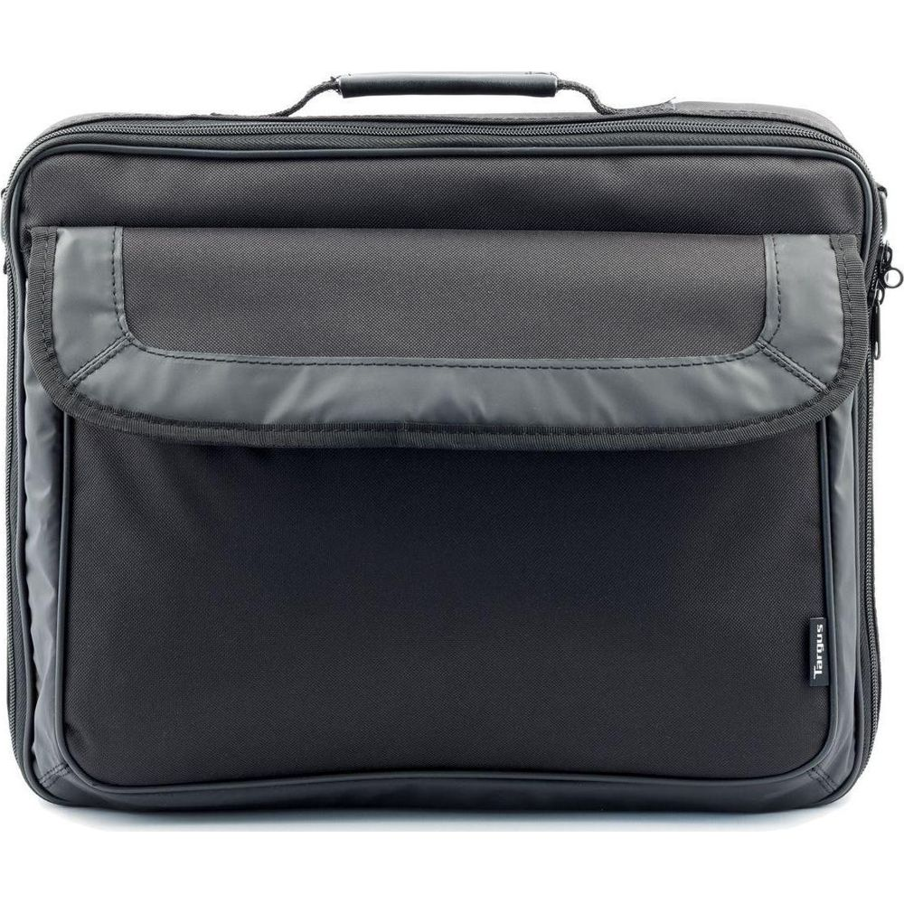 Borsa nera per laptop con manici e tasca anteriore. Logo Targus in basso a destra.