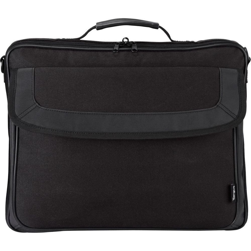 Borsa nera per laptop con manico e chiusura a zip.