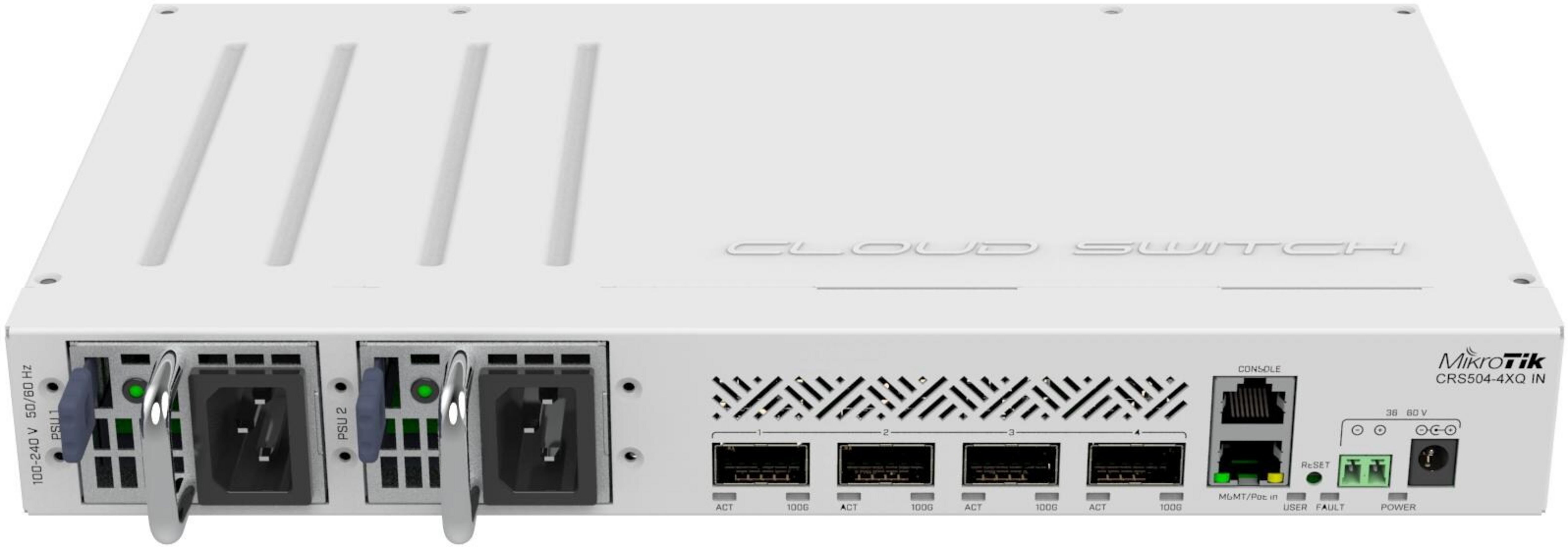 Biały MikroTik Cloud Switch CRS504-4XQ IN z 4 portami 100G.