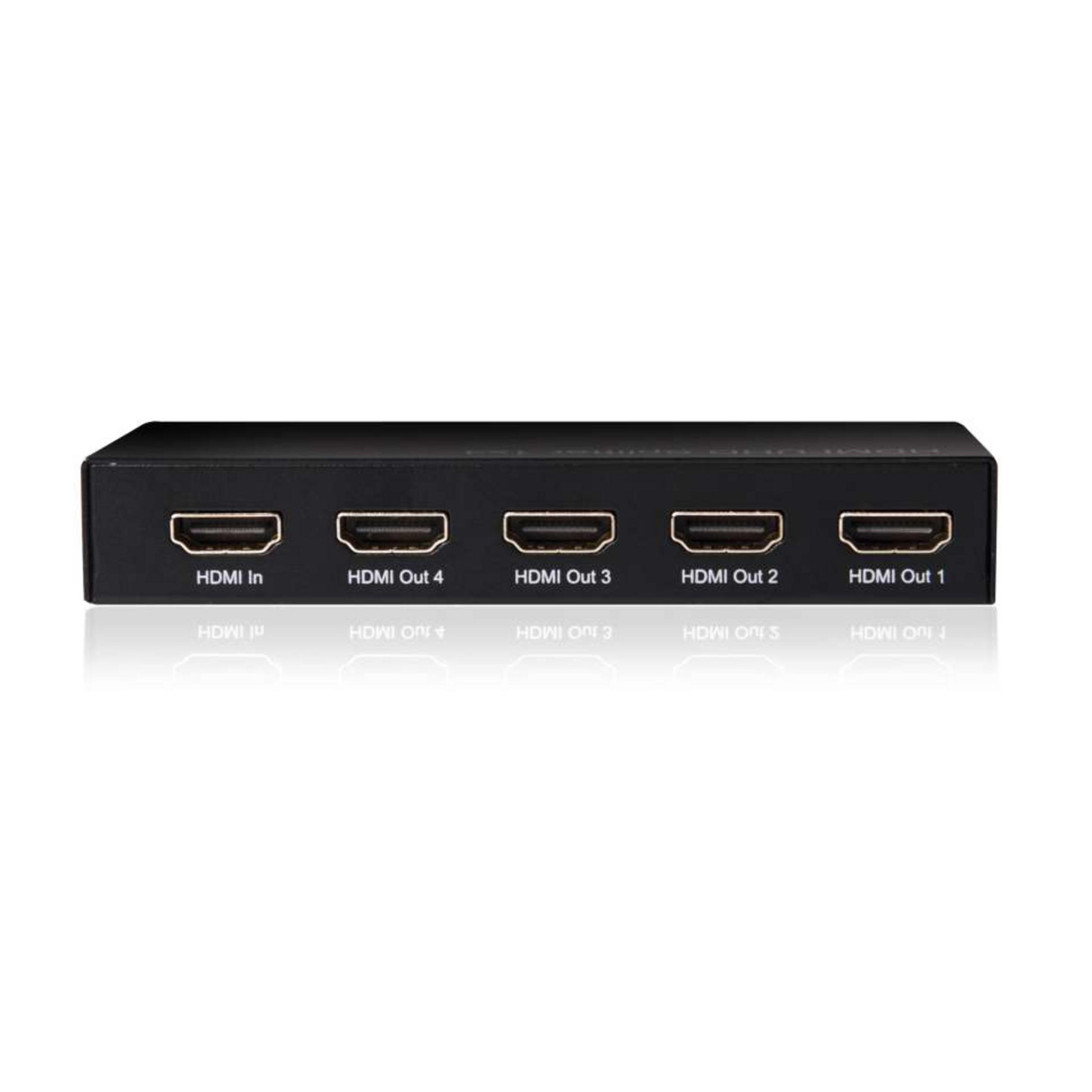 Divisor HDMI negro con una entrada y cuatro salidas.