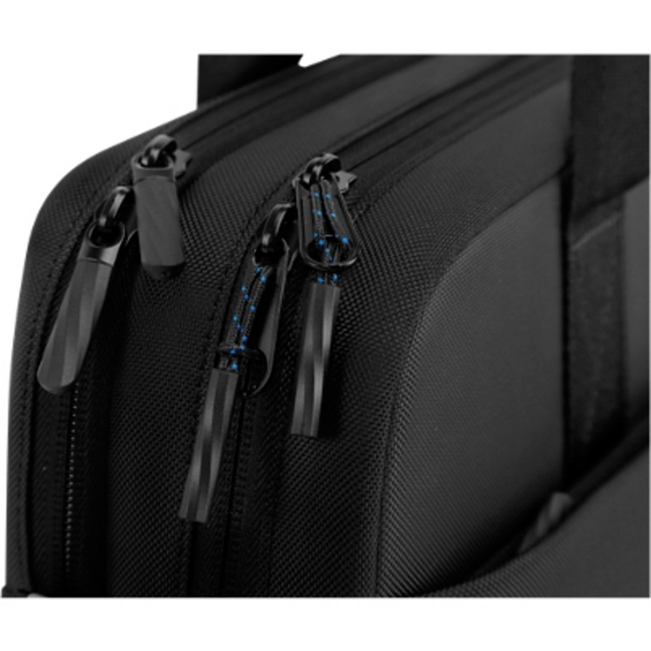 Primer plano de cremalleras en una bolsa negra con detalles de hilo azul.