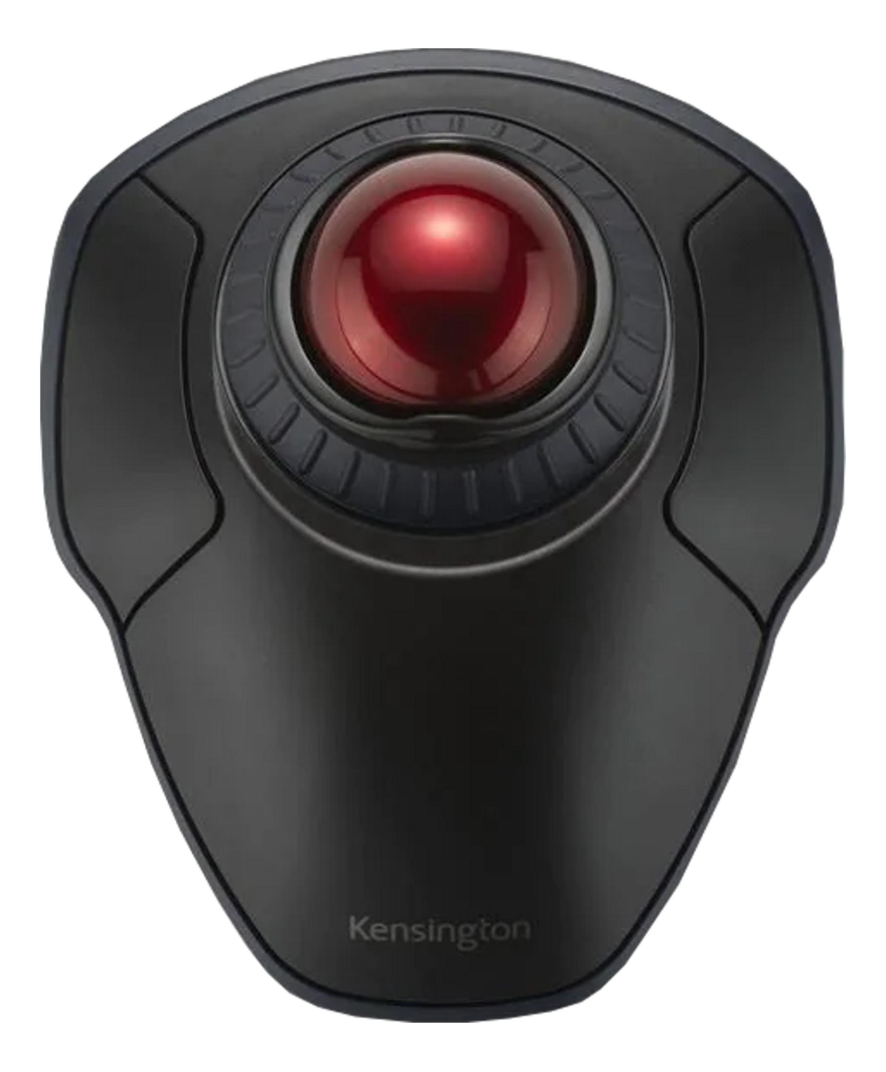 Mouse trackball nero con sfera rossa e logo Kensington.