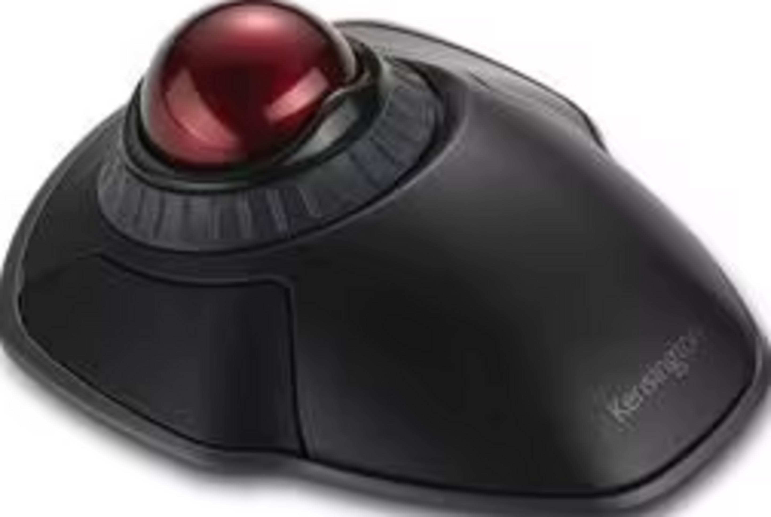 Mouse trackball nero con sfera rossa su sfondo bianco.