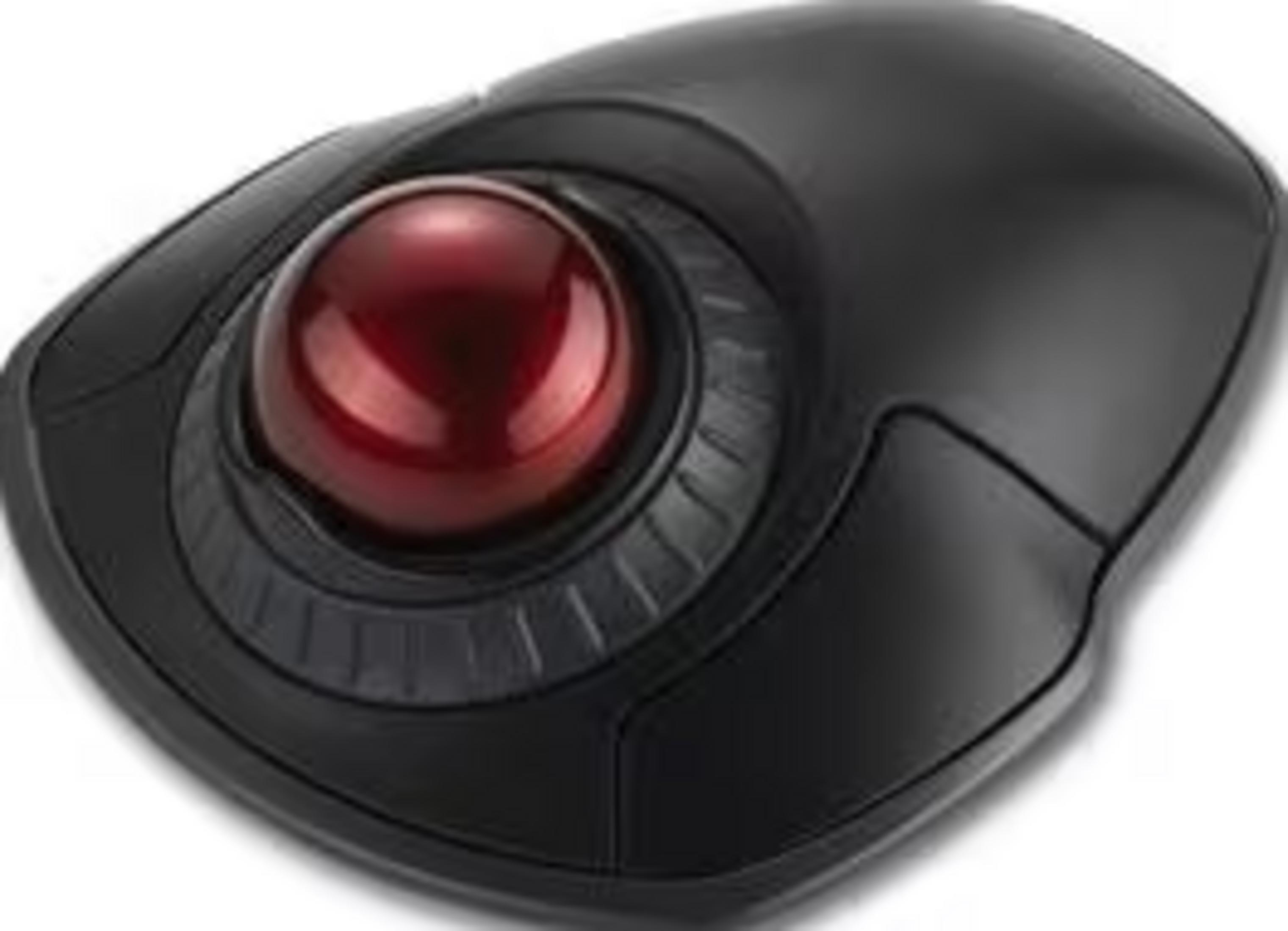 Mouse trackball nero con sfera rossa su sfondo bianco.
